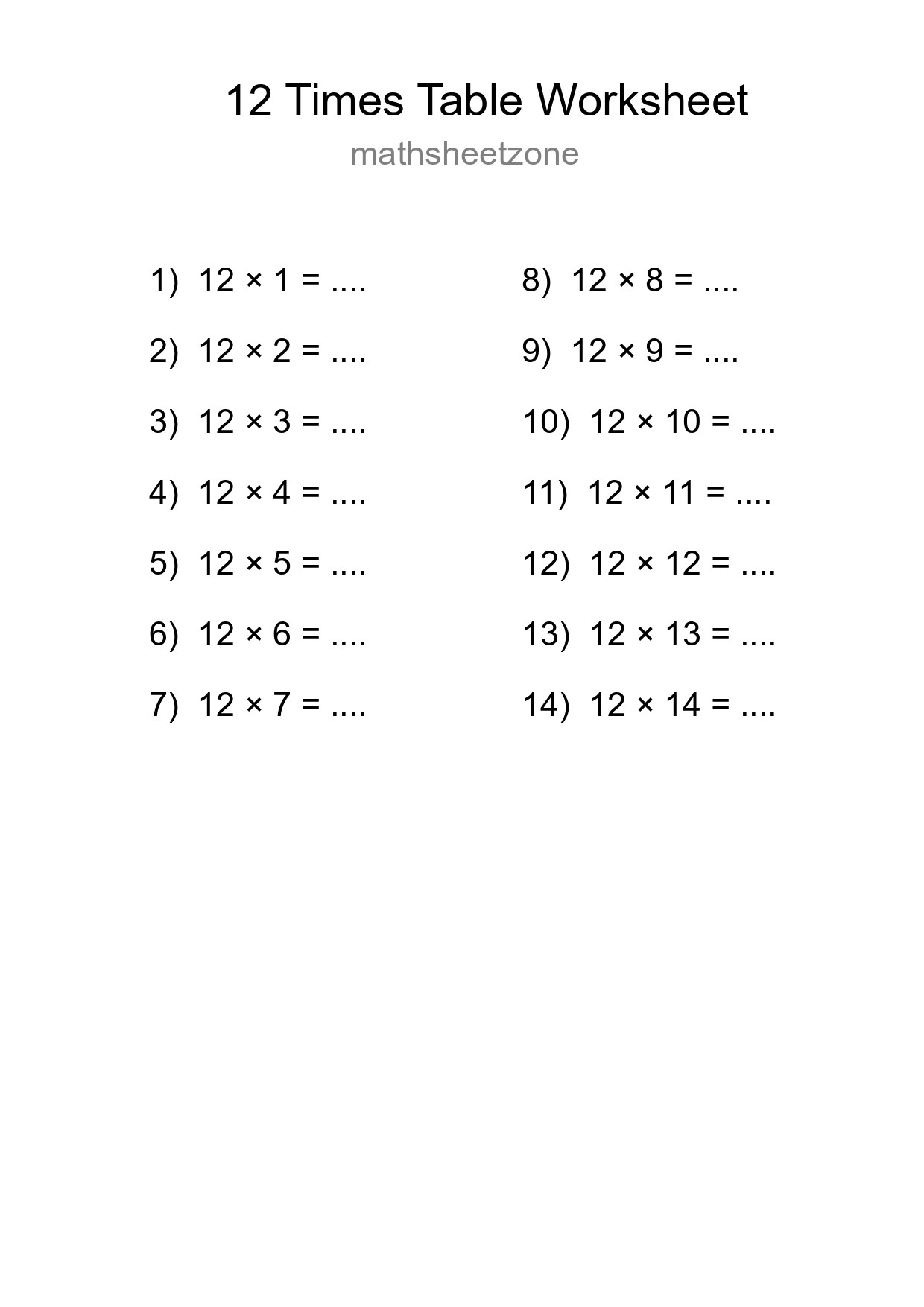 12 Times Table Worksheet For Grade 4 - Part 20