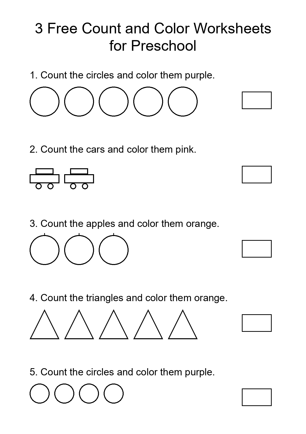 3 Free Count and Color Worksheets for Preschool