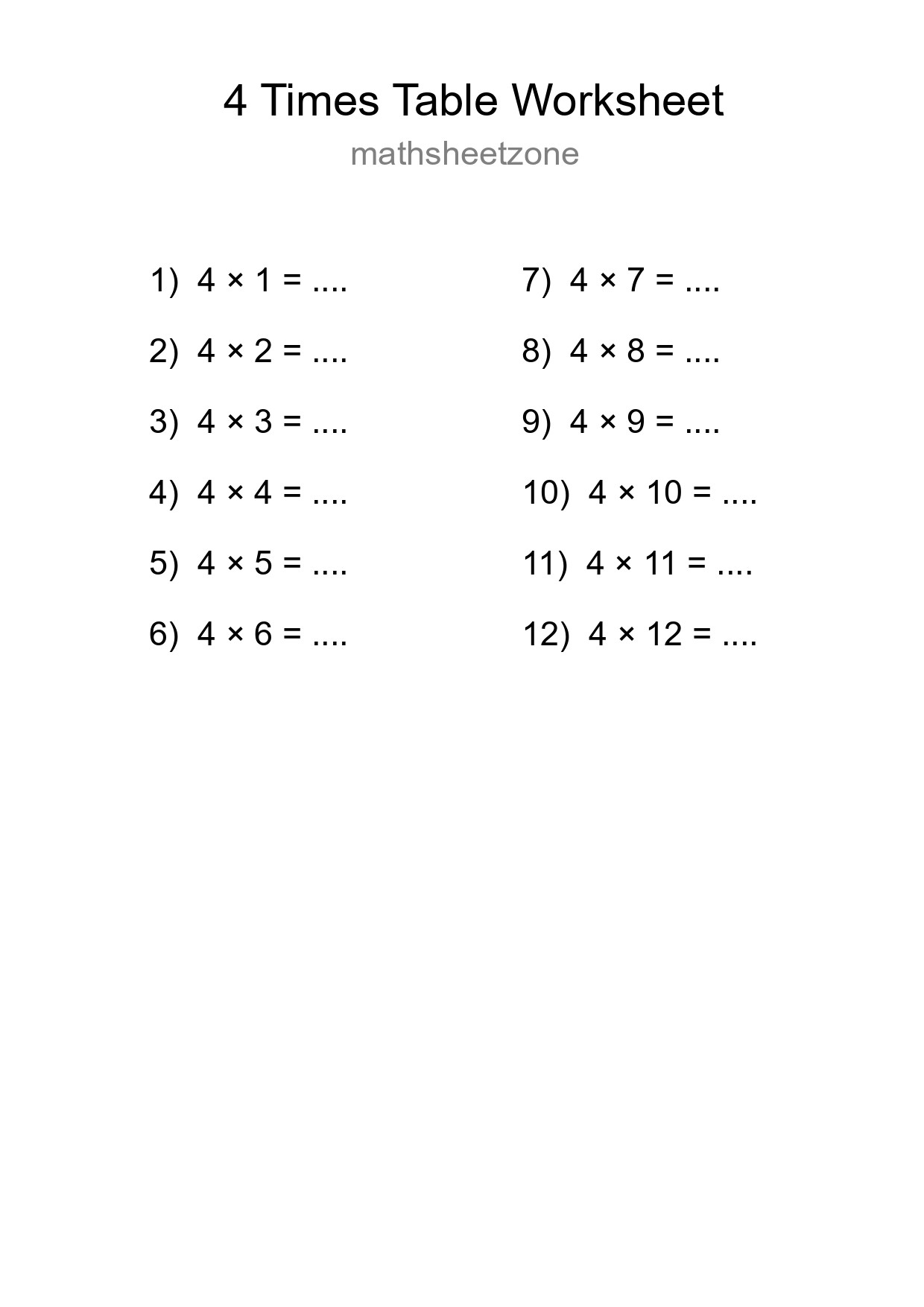 4 Times Table Worksheet For Grade 2 - Part 284