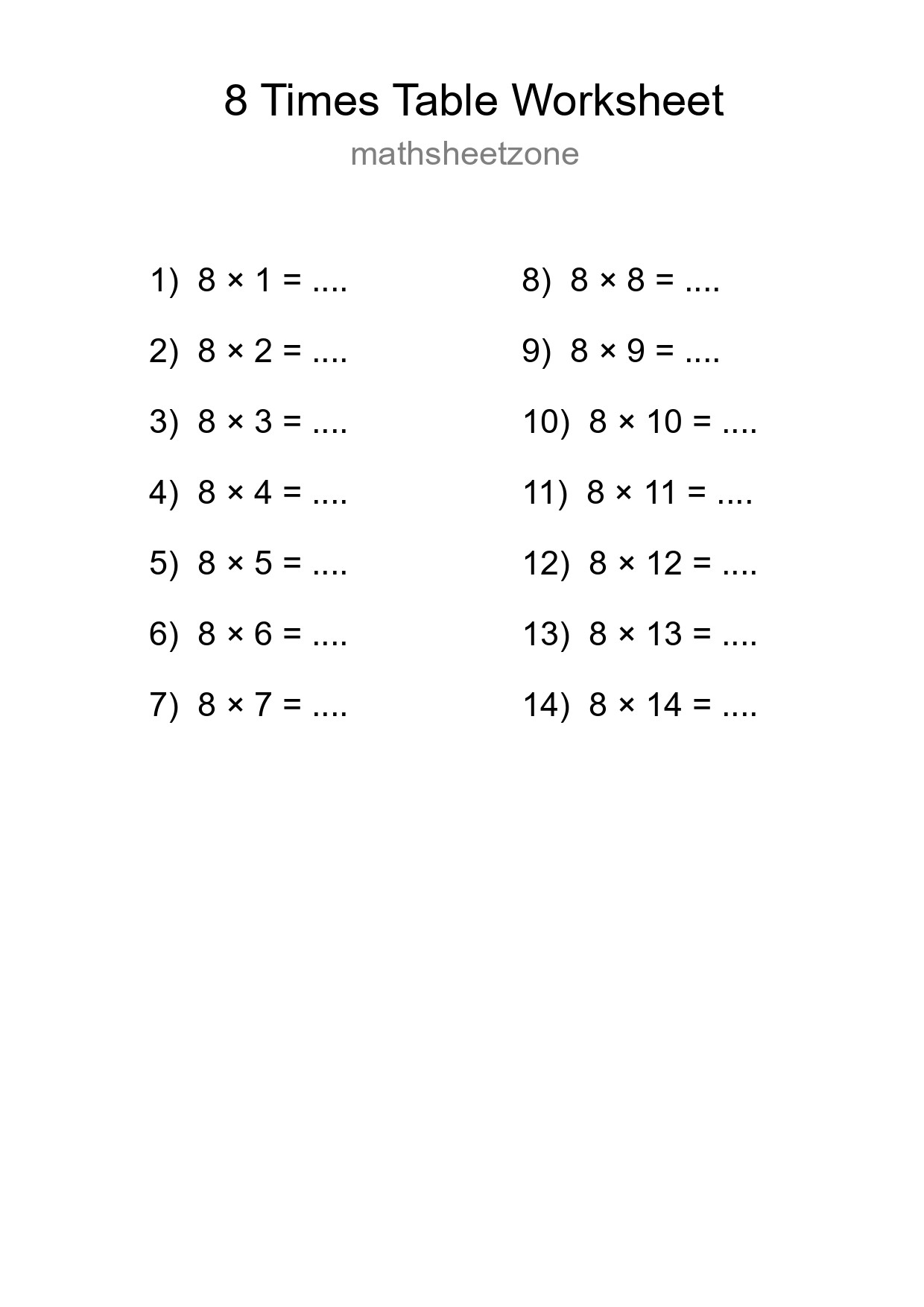 8 Times Table Worksheet For Grade 3 With Answers - Part 185