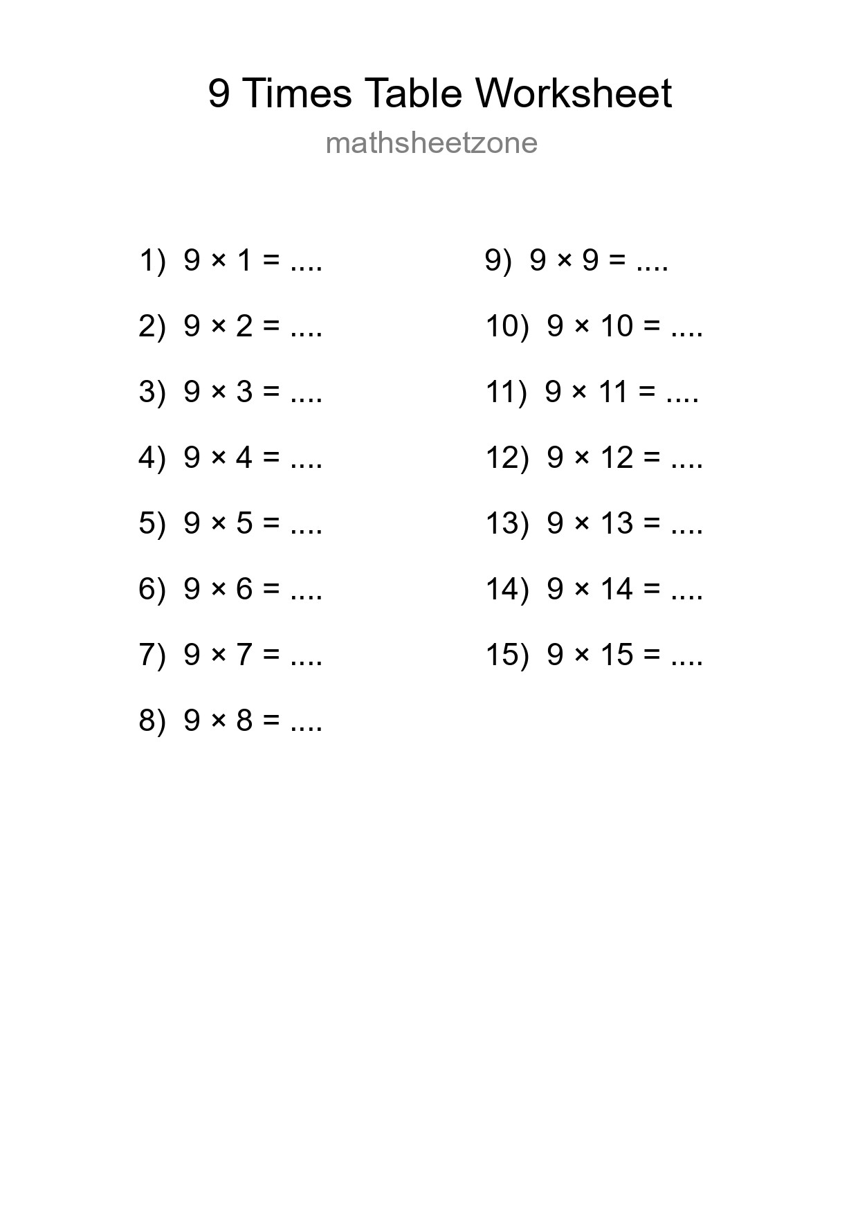 9 Times Table Worksheet For Grade 3 - Part 130