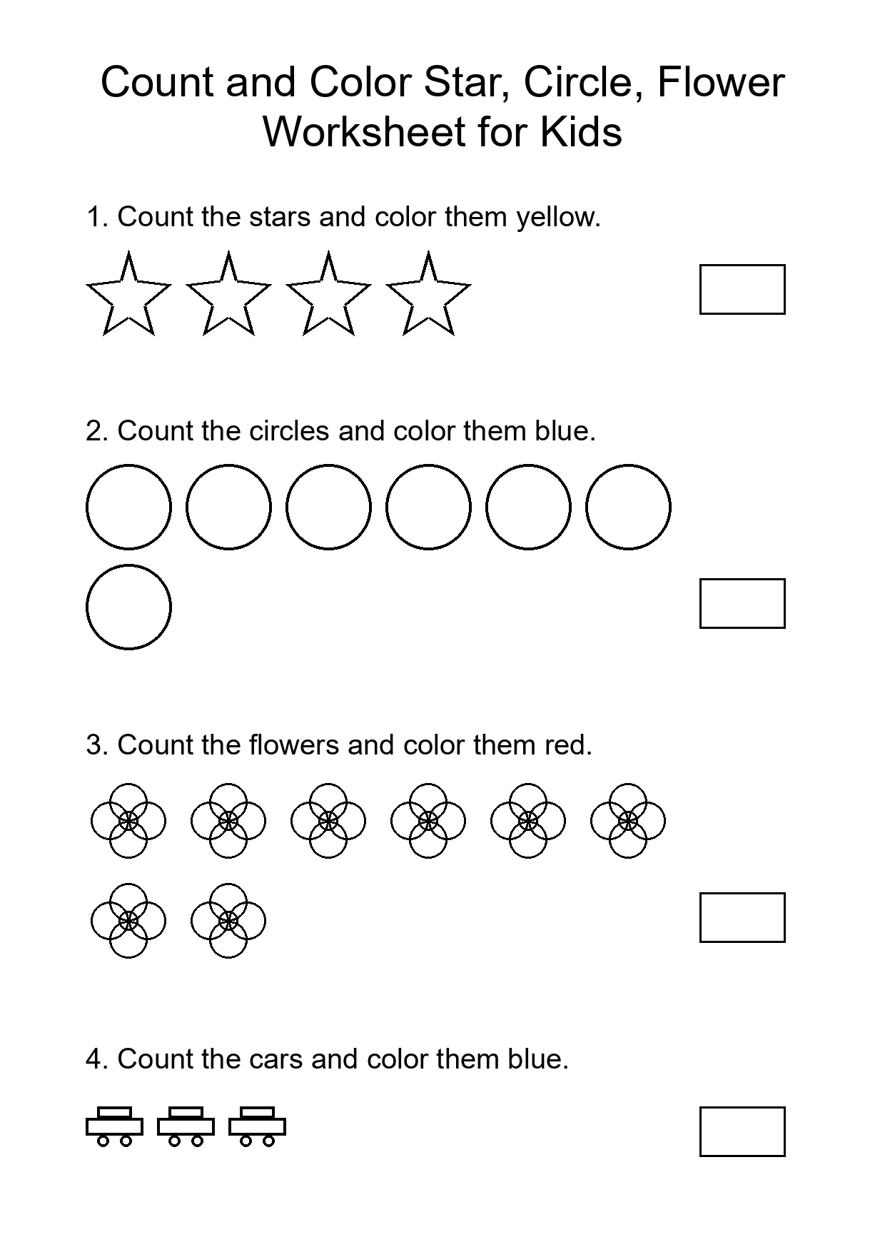 Count and Color Star, Circle, Flower Worksheet for Kids