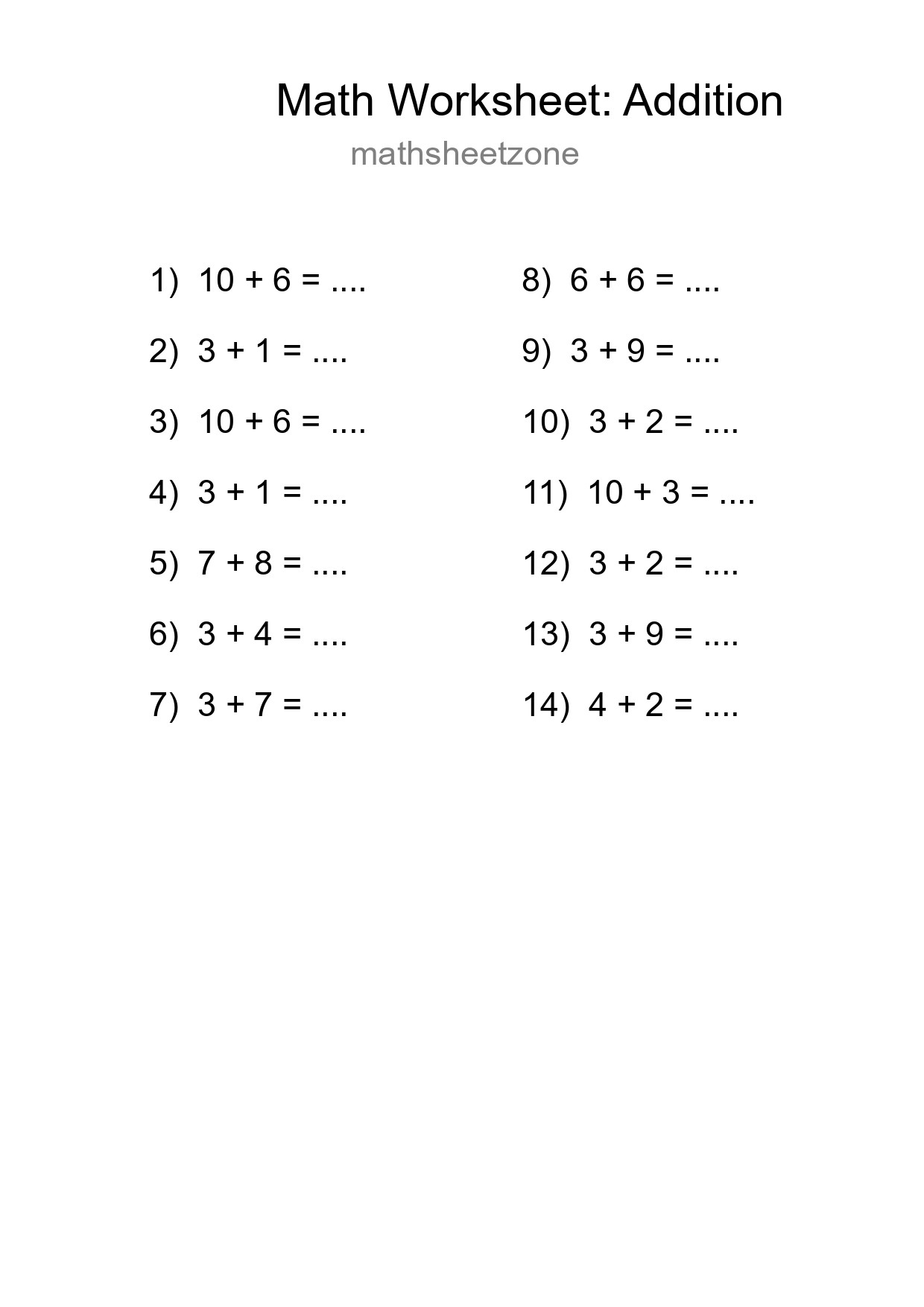Free 14 Addition Math Worksheet For Grade 1 - Part 78