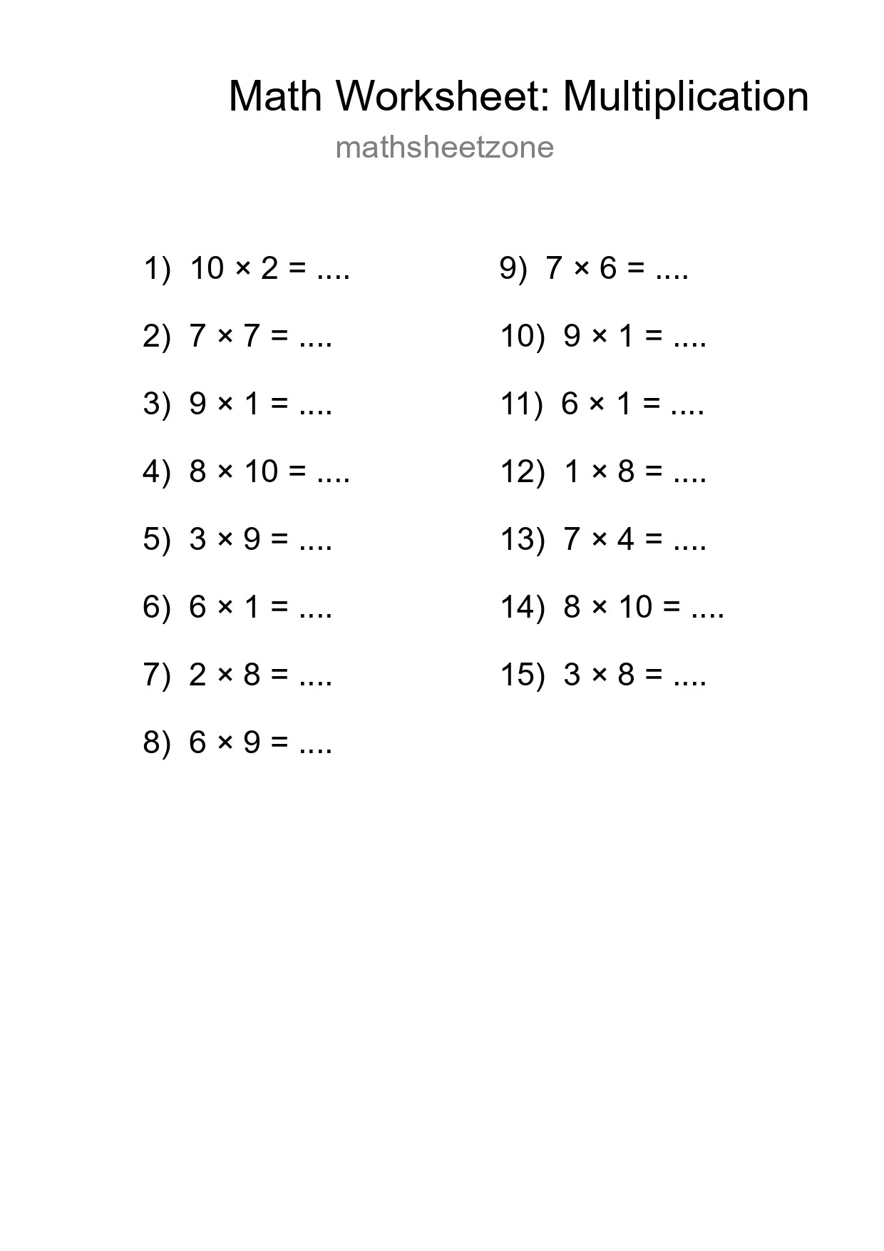 Free 15 Multiplication Math Worksheet For Grade 1 - Part 150