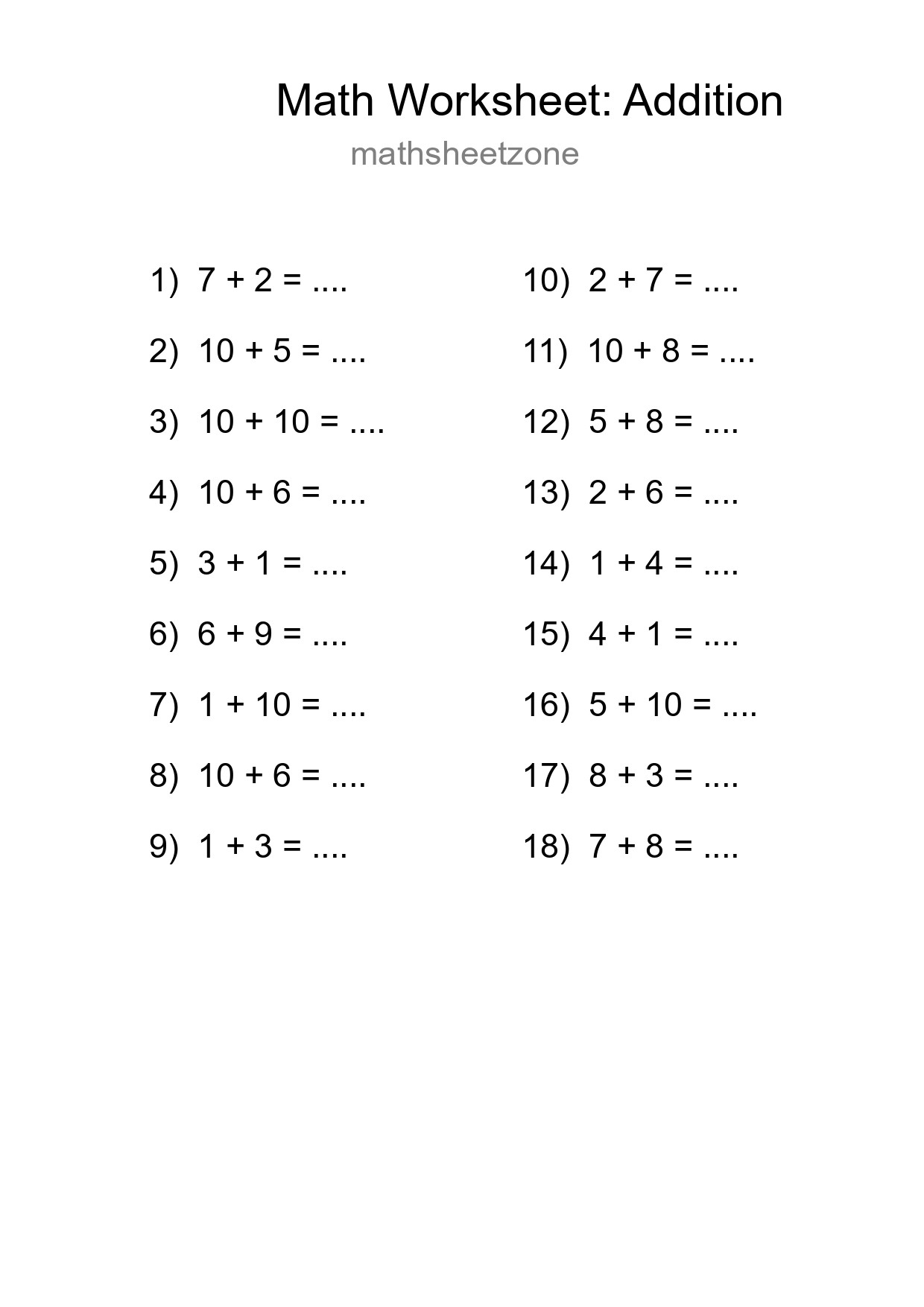 Free 18 Addition Math Worksheet For Grade 1 - Part 298
