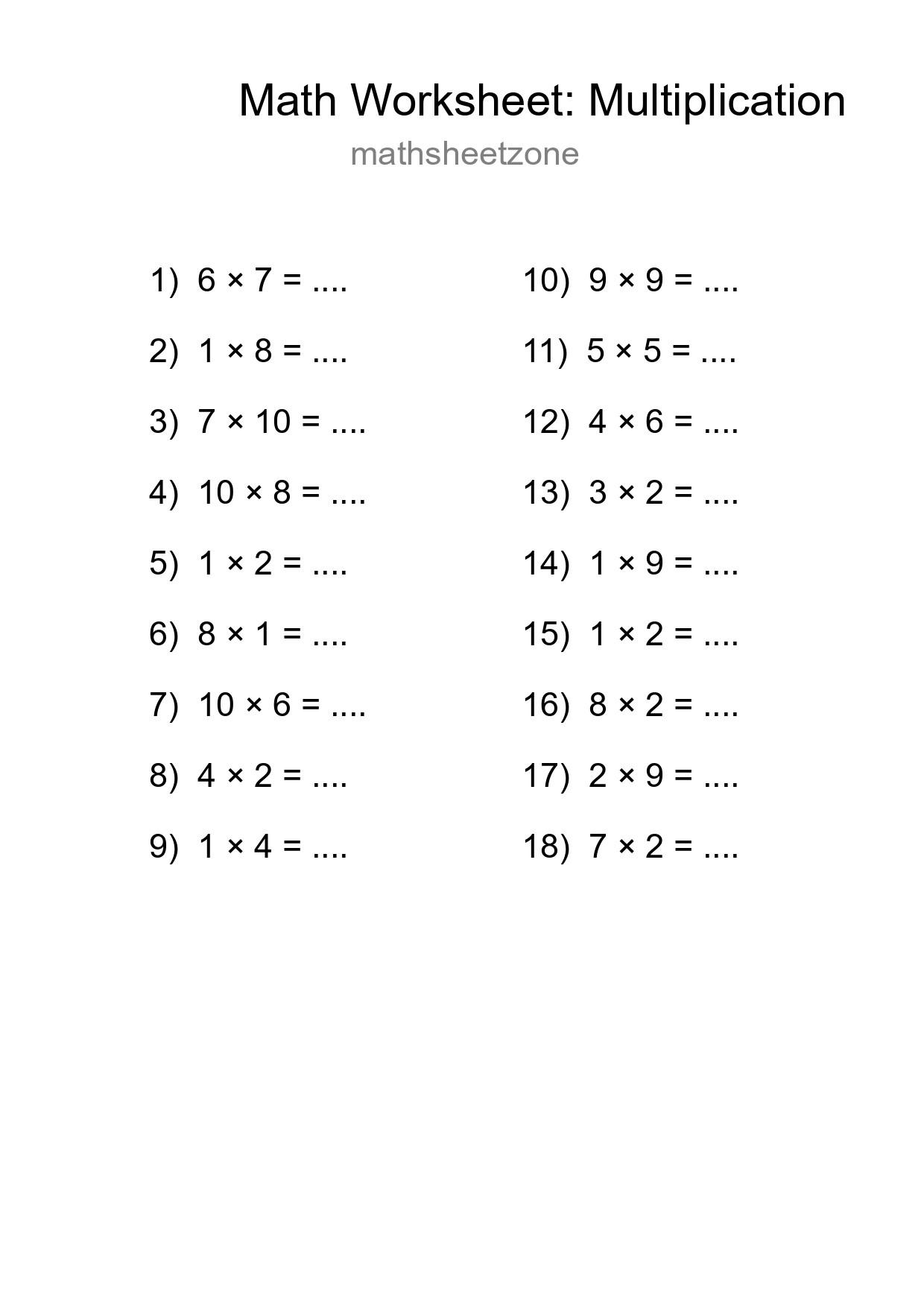 Free 18 Multiplication Math Worksheet For Grade 1 - Part 73