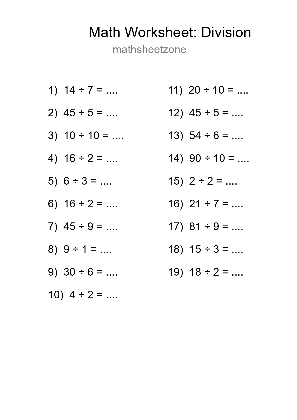 Free 19 Division Math Worksheet For Grade 1 With Answers - Part 125