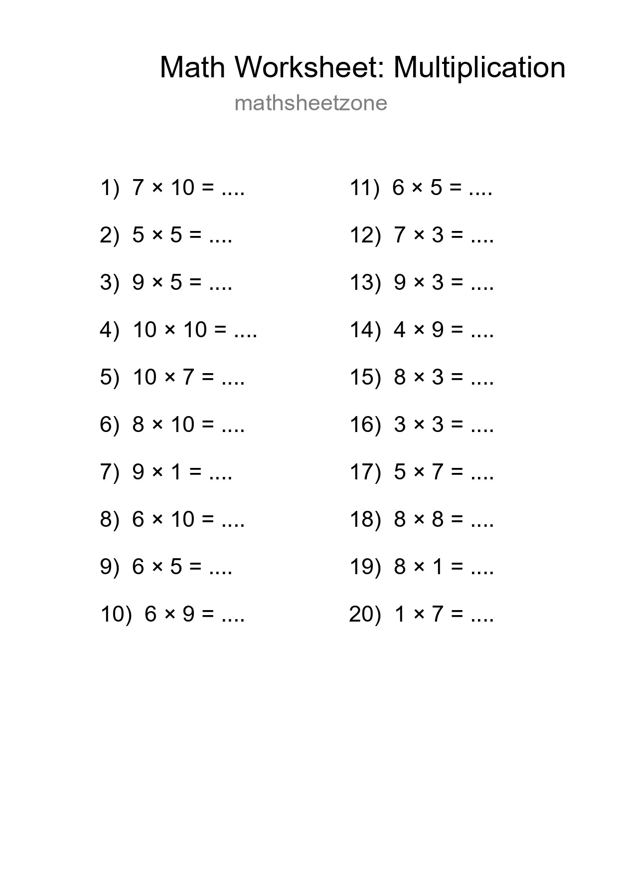 Free 20 Multiplication Math Worksheet For Grade 1 - Part 117