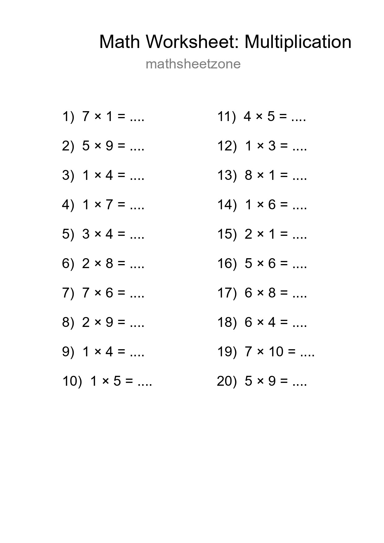 Free 20 Multiplication Math Worksheet For Grade 1 With Answers - Part 282