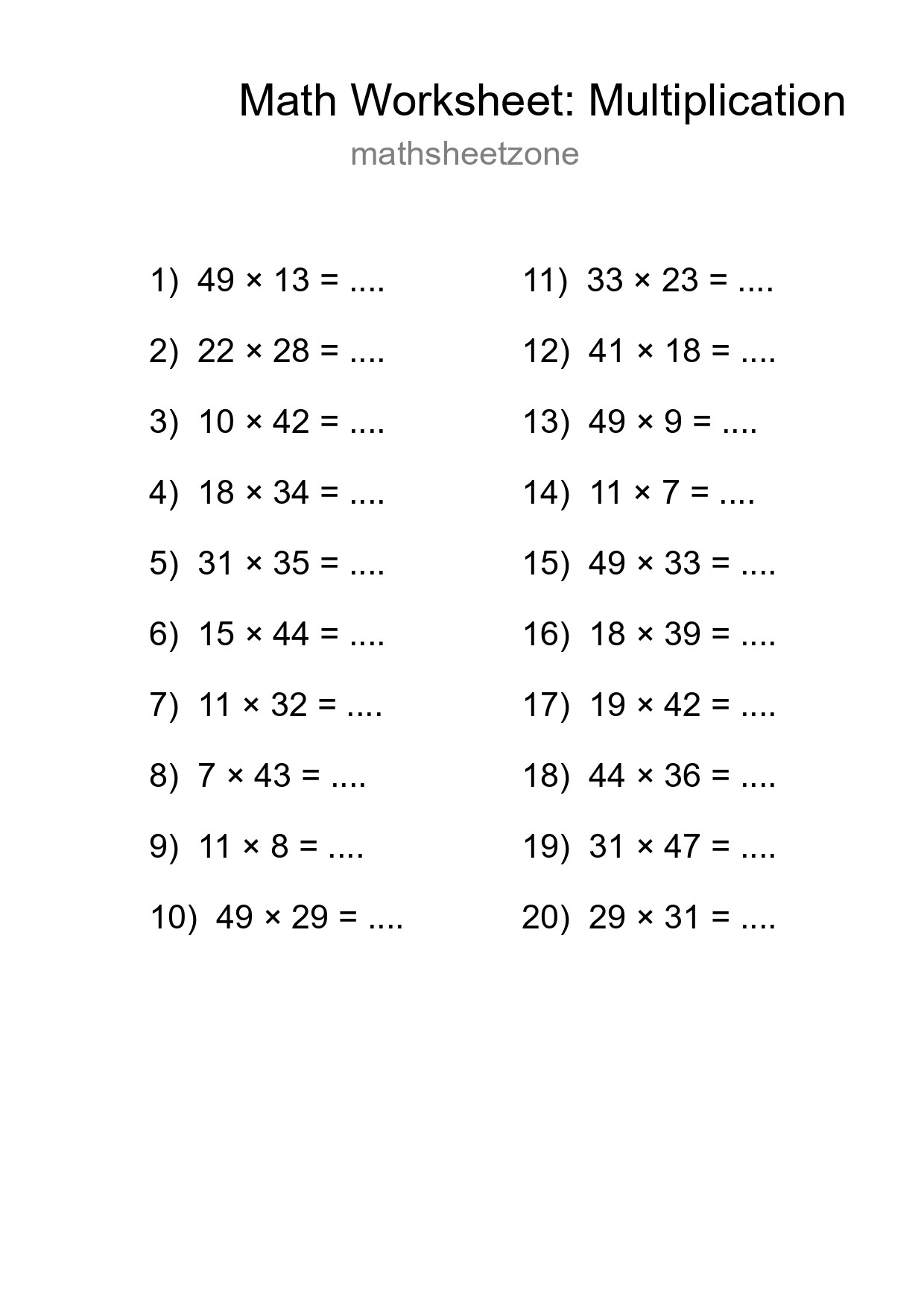 Free 20 Multiplication Math Worksheet For Grade 2 - Part 7
