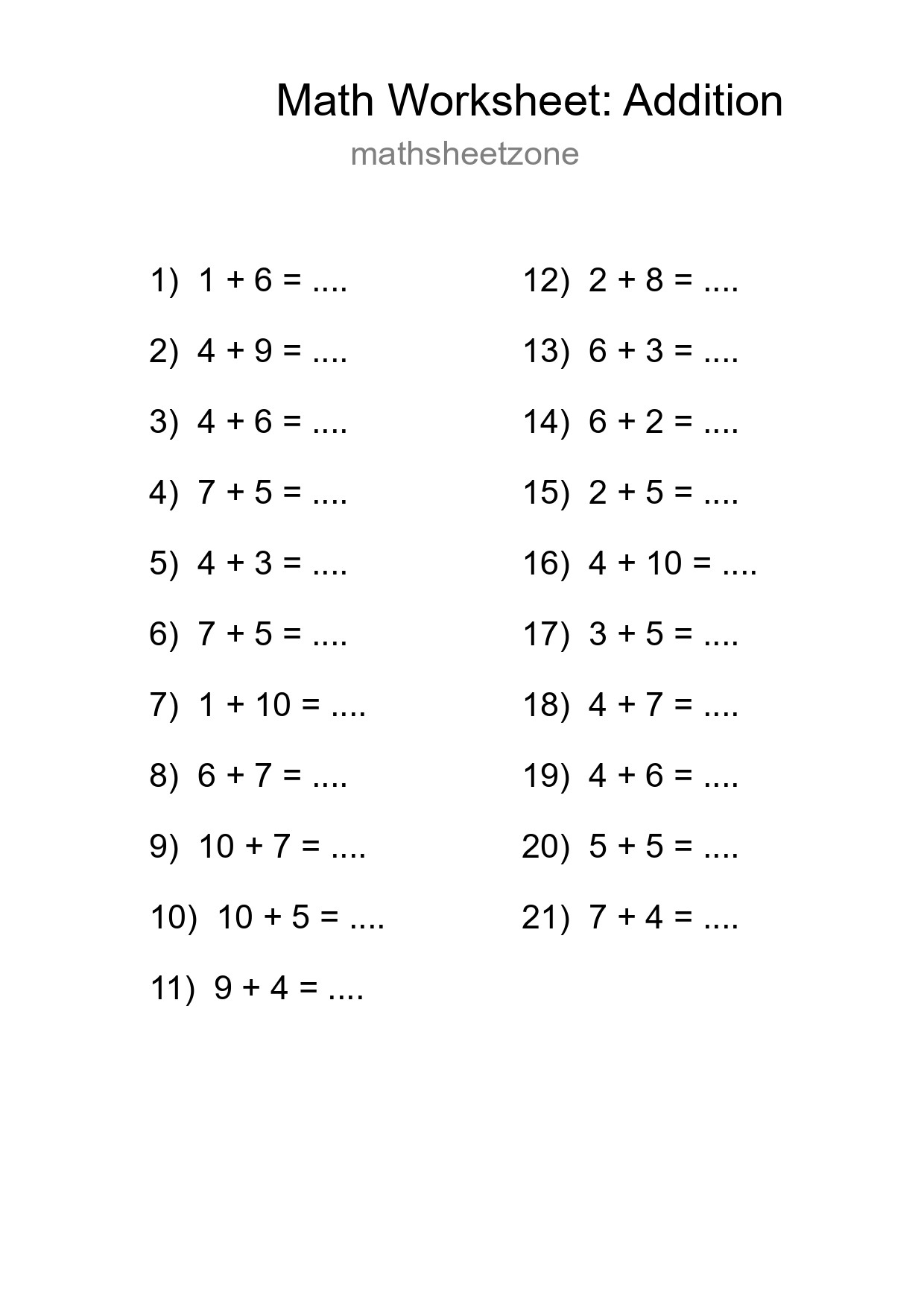 Free 21 Addition Math Worksheet For Grade 1 With Answers - Part 12
