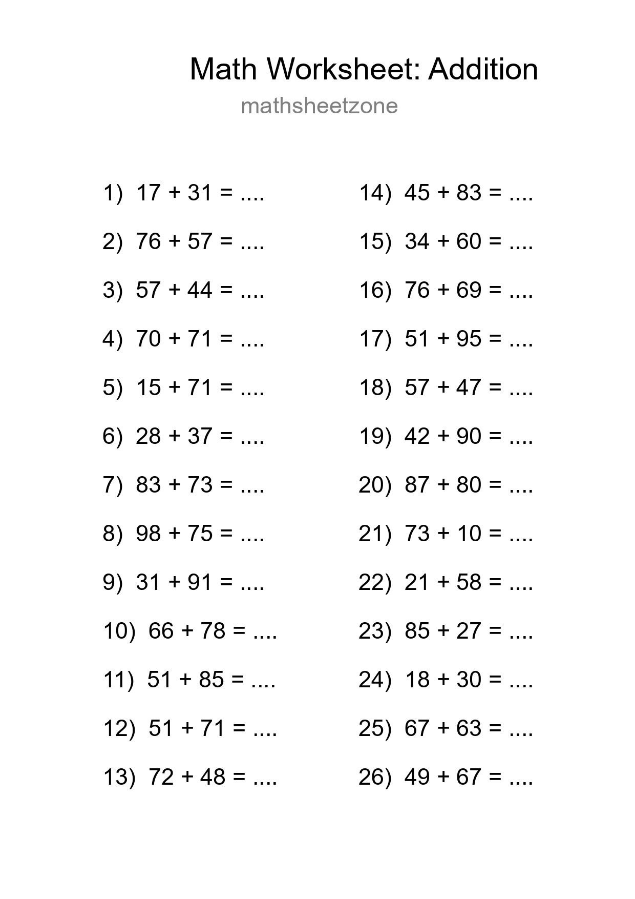 Free 26 Addition Math Worksheet For Grade 3 - Part 265