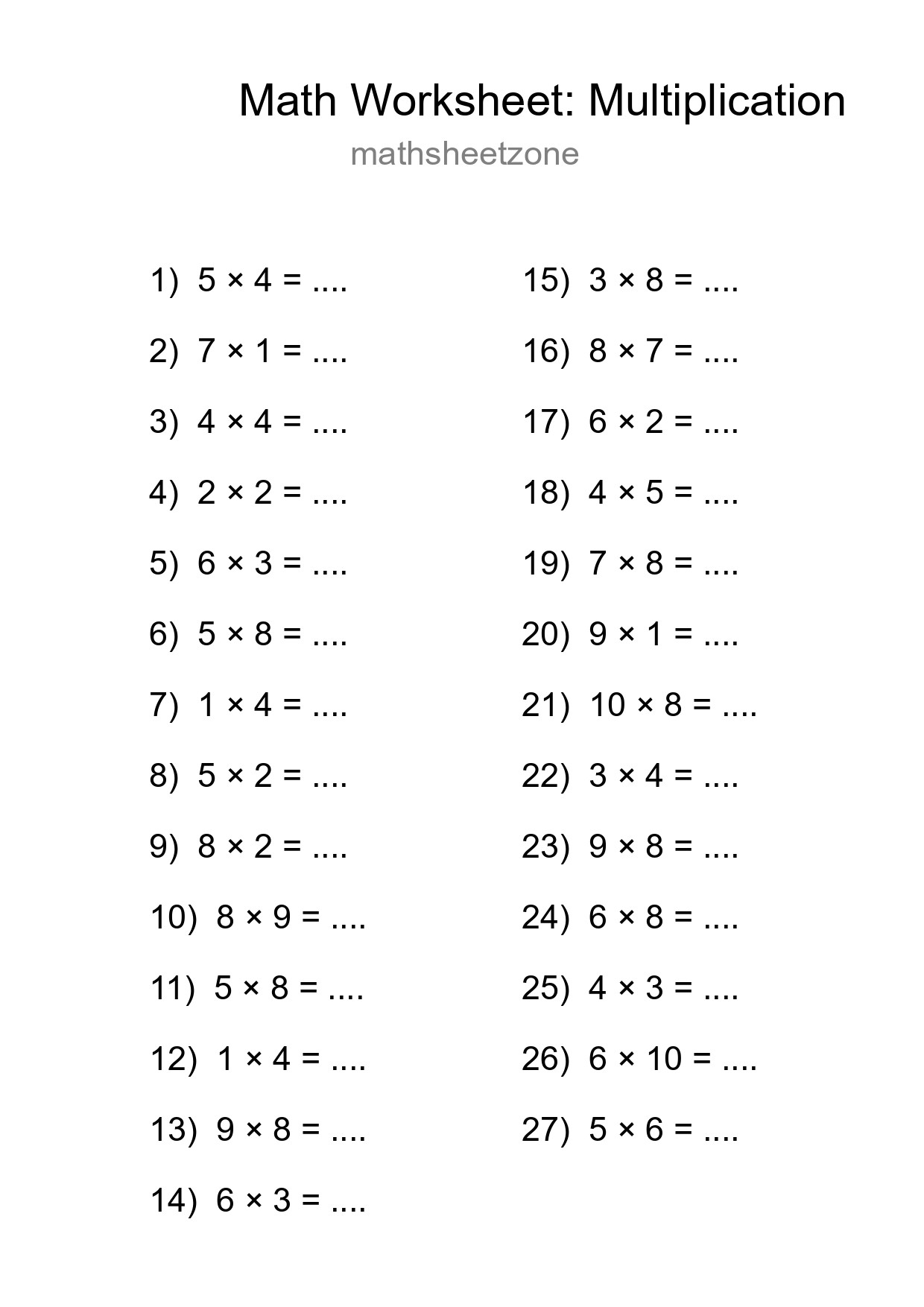 Free 27 Multiplication Math Worksheet For Grade 1 With Answers - Part 84