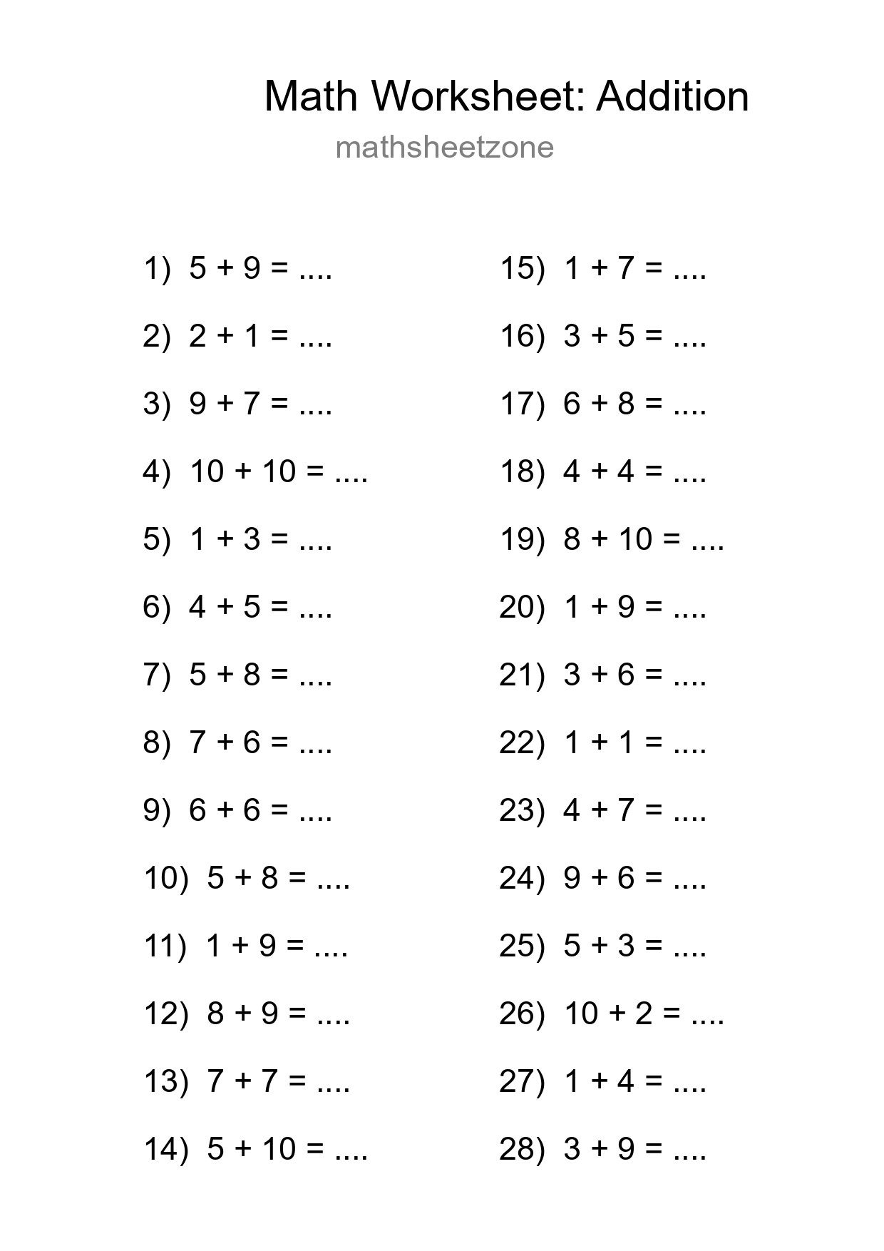Free 28 Addition Math Worksheet For Grade 1 - Part 100