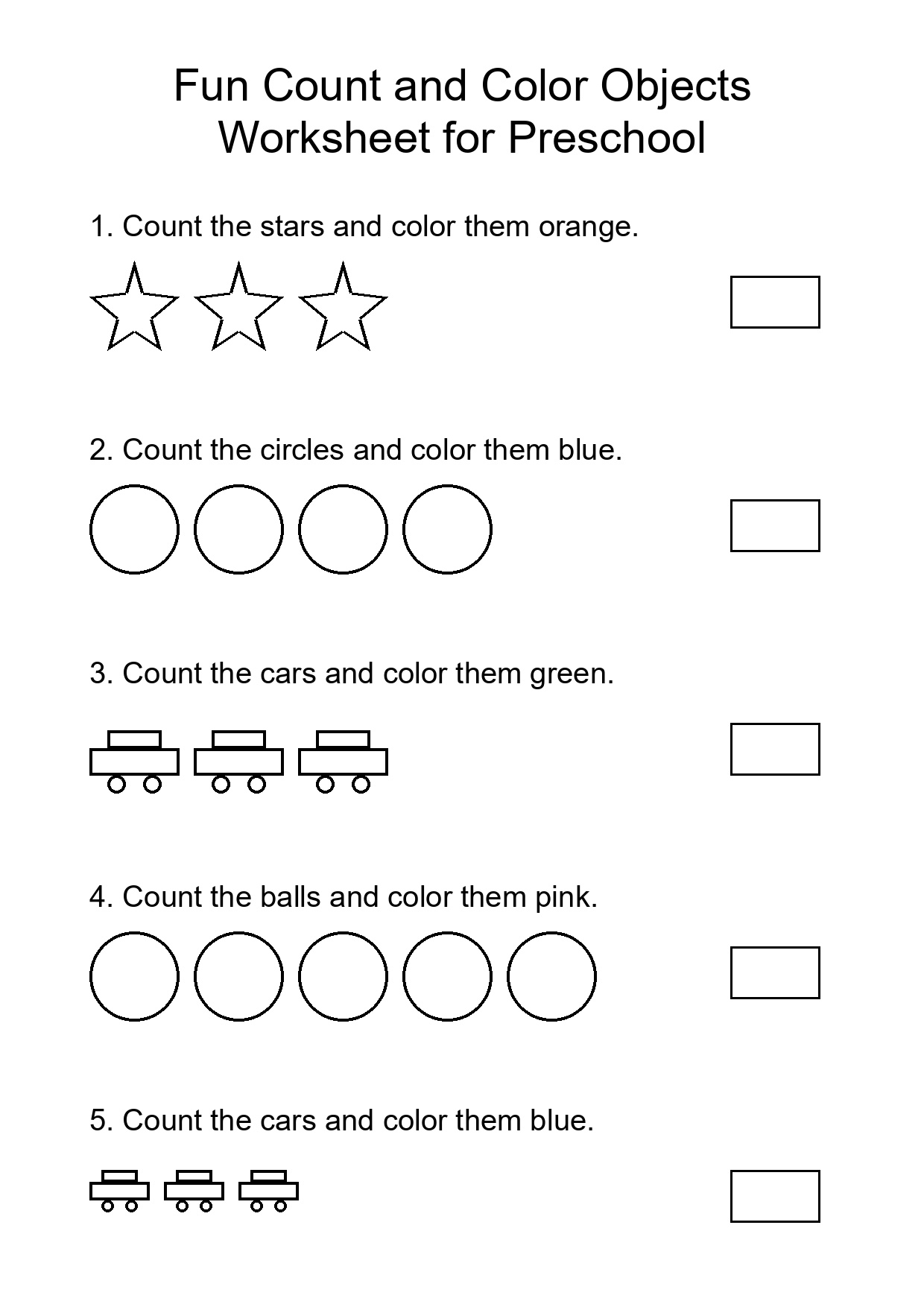 Fun Count and Color Objects Worksheet for Preschool