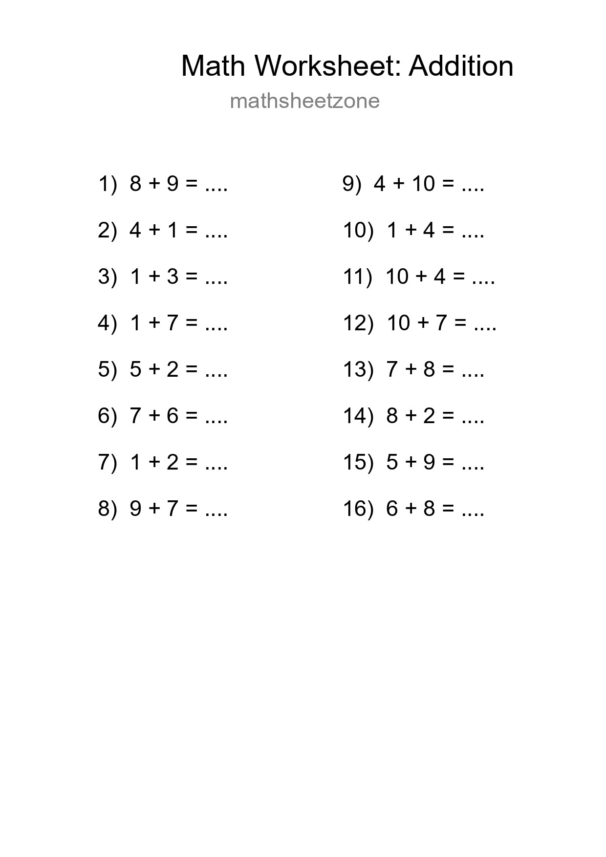 Grade 1 Addition Practice Worksheet (16 Problems)