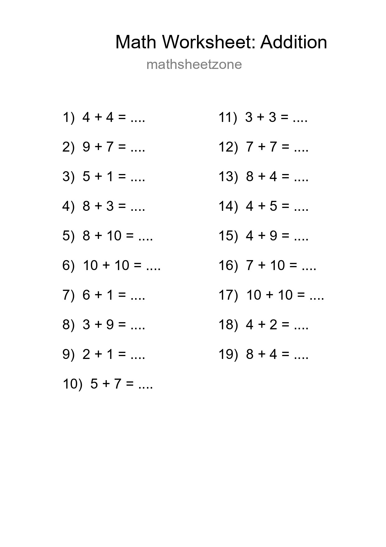 Grade 1 Addition Practice Worksheet (19 Problems) - Part 122