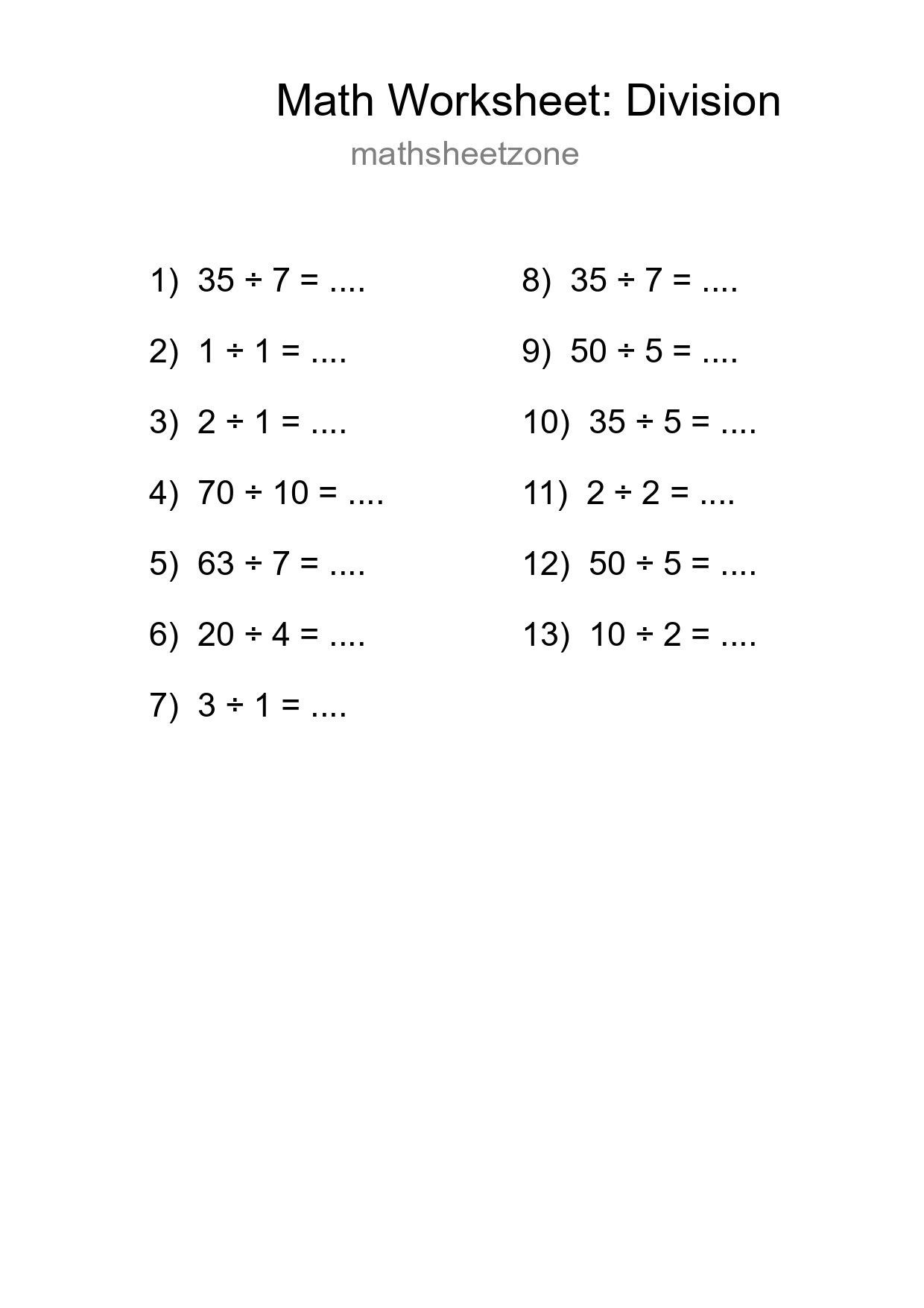 Grade 1 Division Practice Worksheet (13 Problems) - Part 48