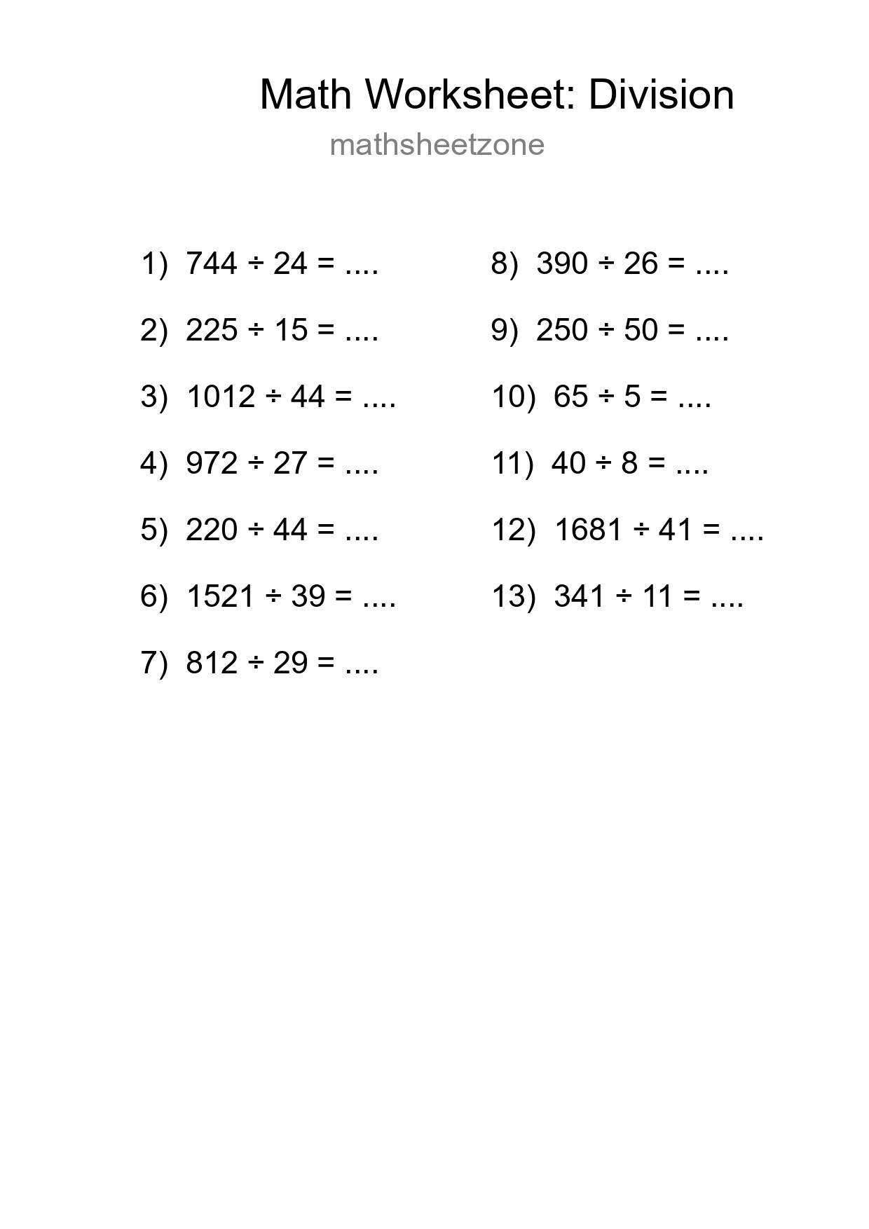 Grade 2 Division Practice Worksheet (13 Problems) - Part 4