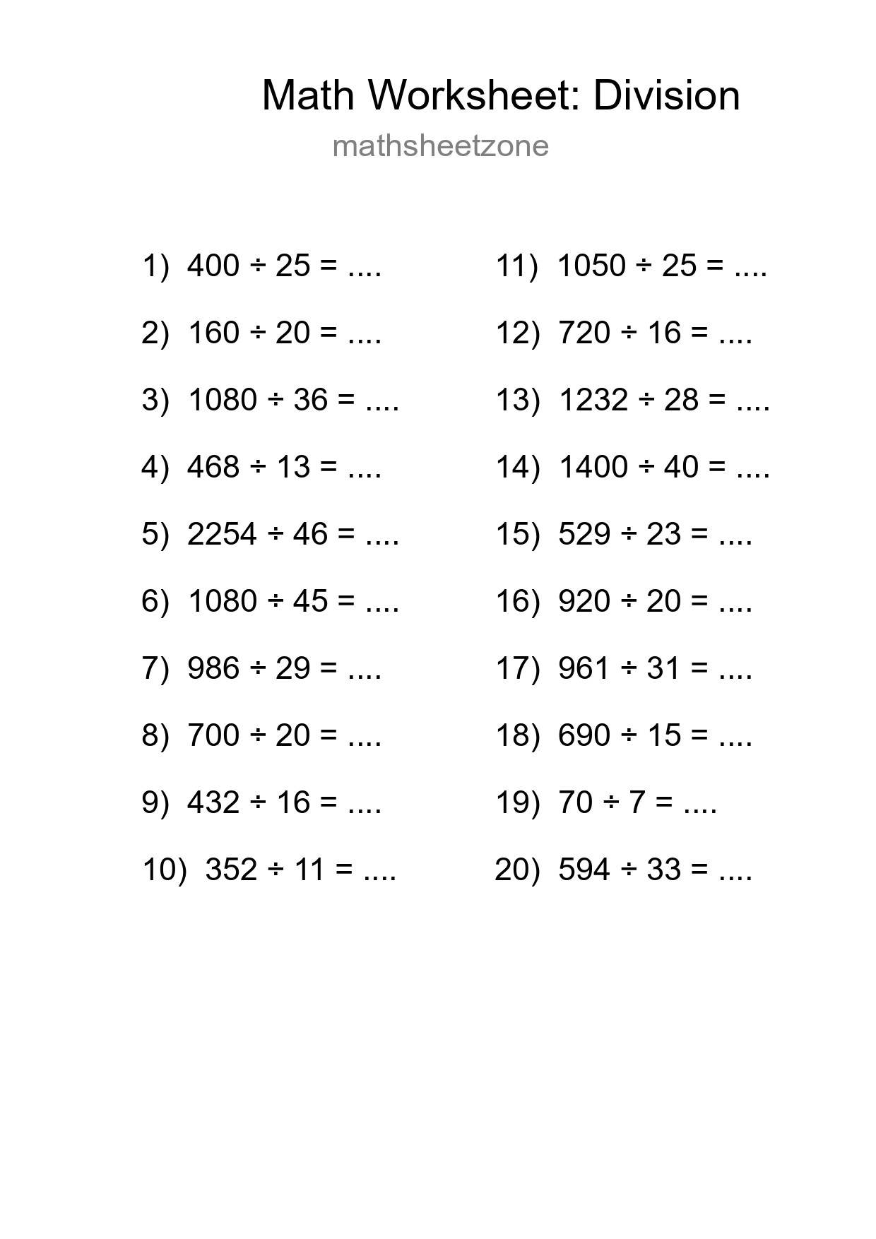 Grade 2 Division Practice Worksheet (20 Problems) - Part 202