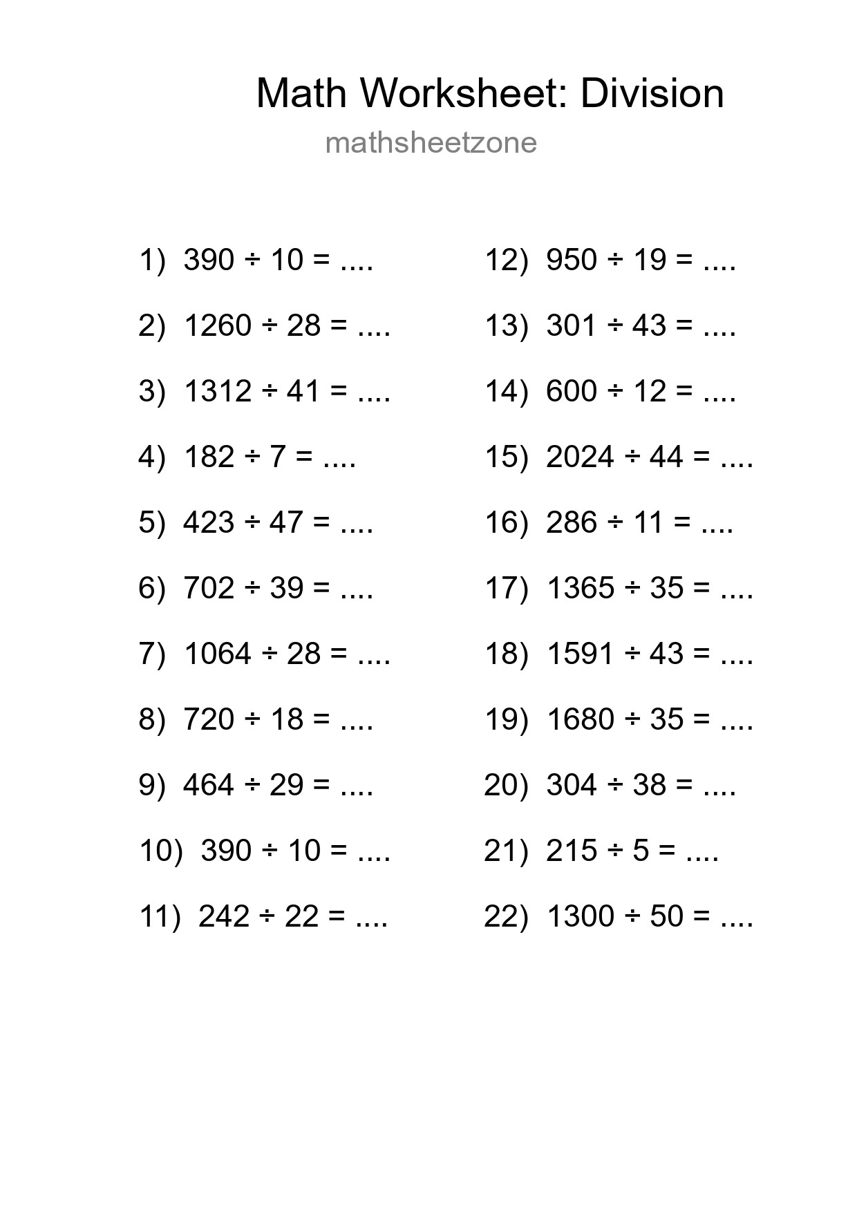Grade 2 Division Practice Worksheet (22 Problems) - Part 290
