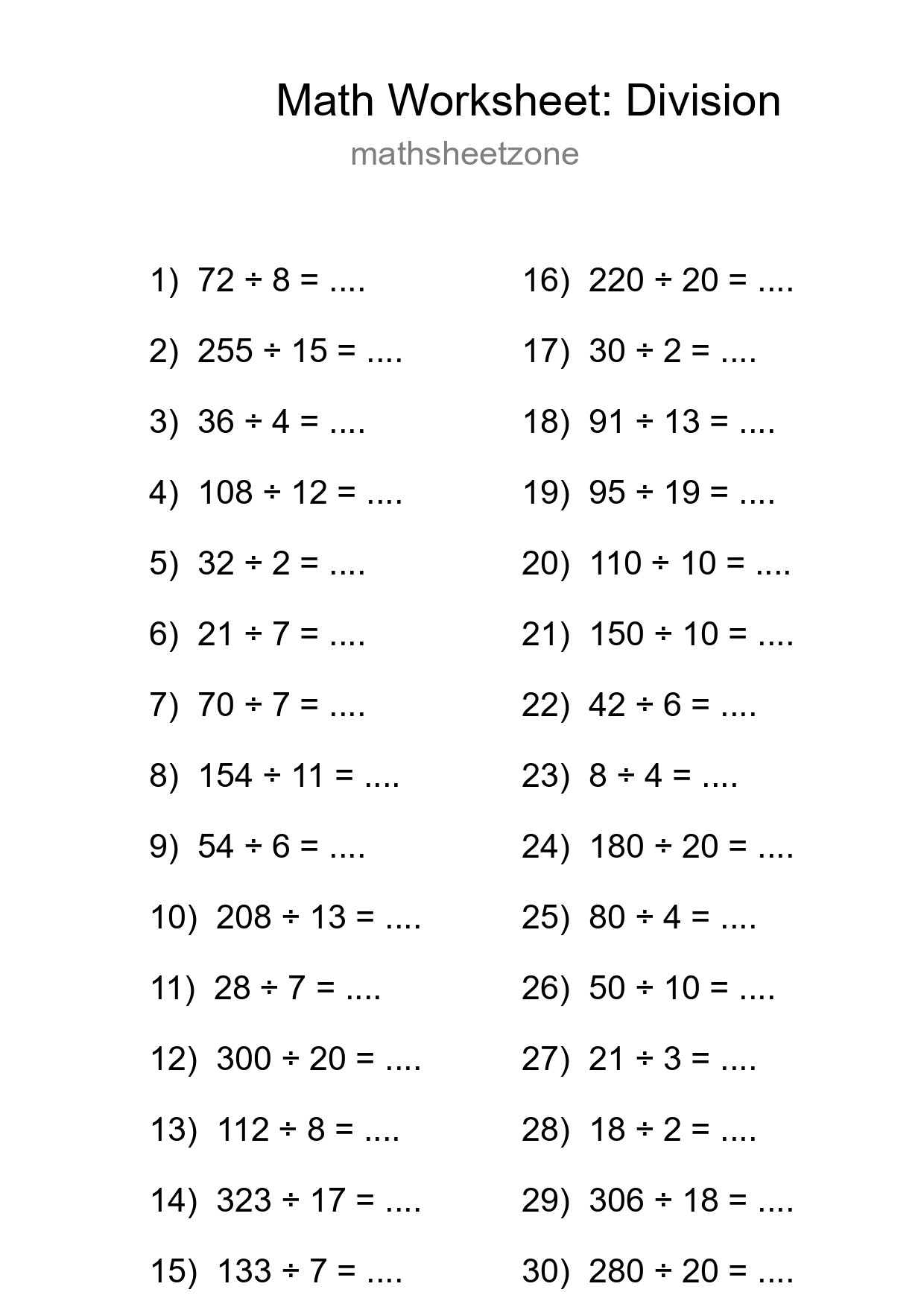 Grade 2 Division Practice Worksheet (30 Problems) - Part 279