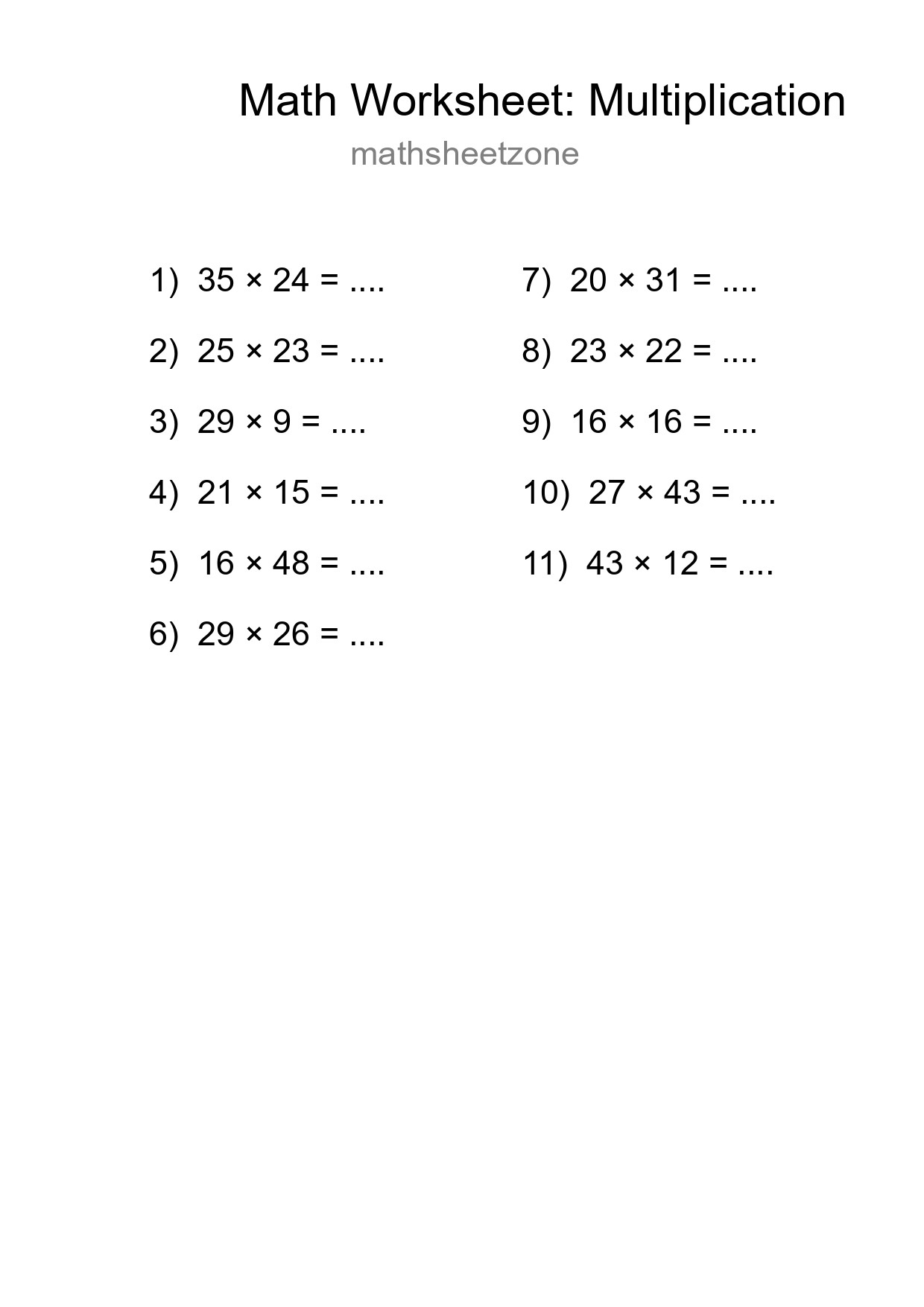 Grade 2 Multiplication Practice Worksheet (11 Problems) - Part 139