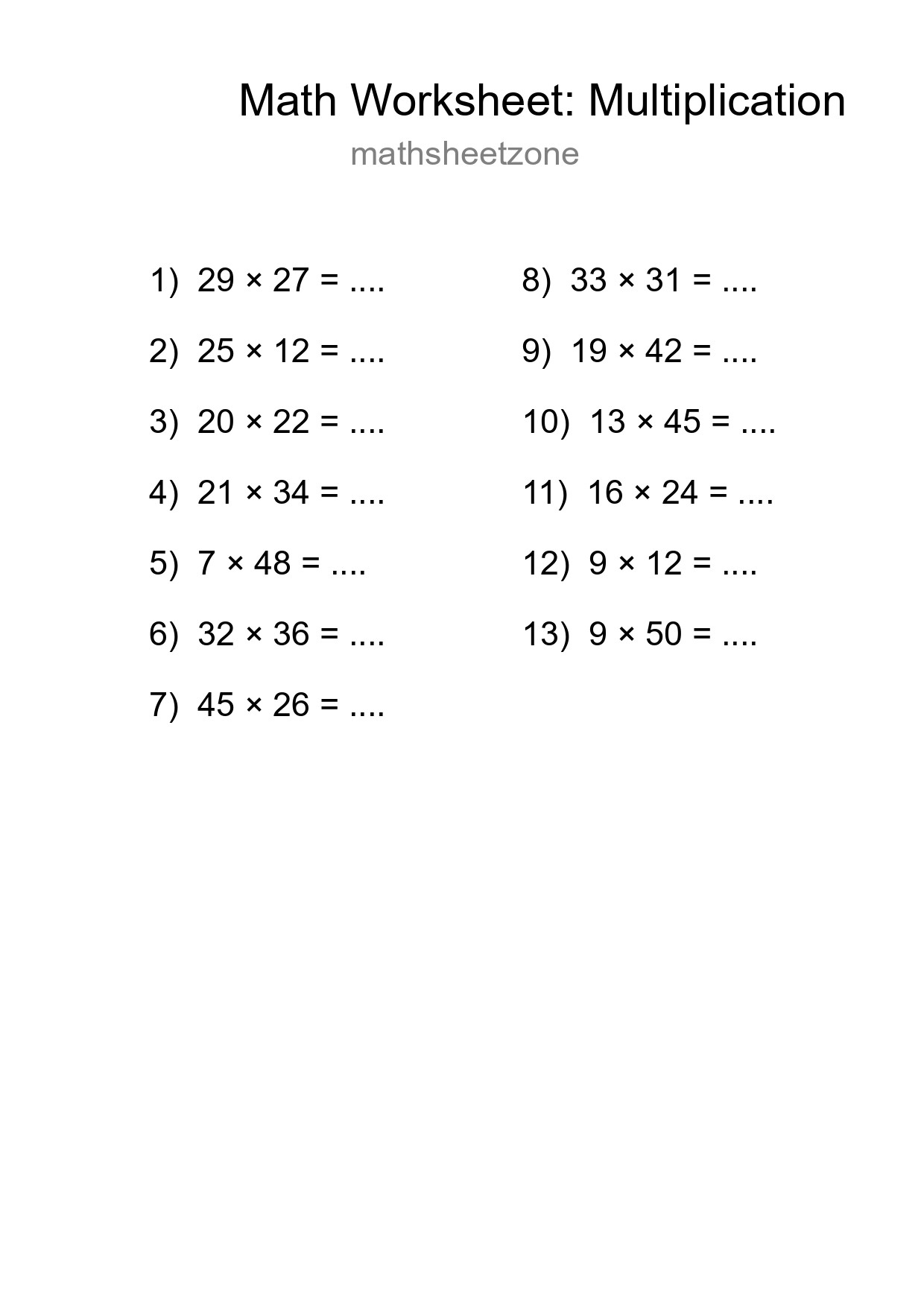 Grade 2 Multiplication Practice Worksheet (13 Problems) - Part 51