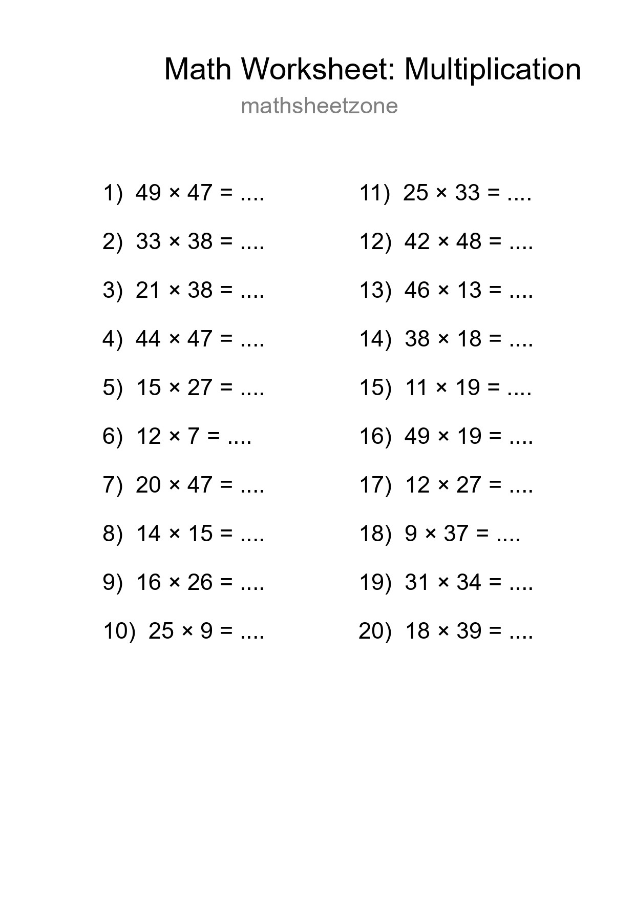 Grade 2 Multiplication Practice Worksheet (20 Problems) - Part 238