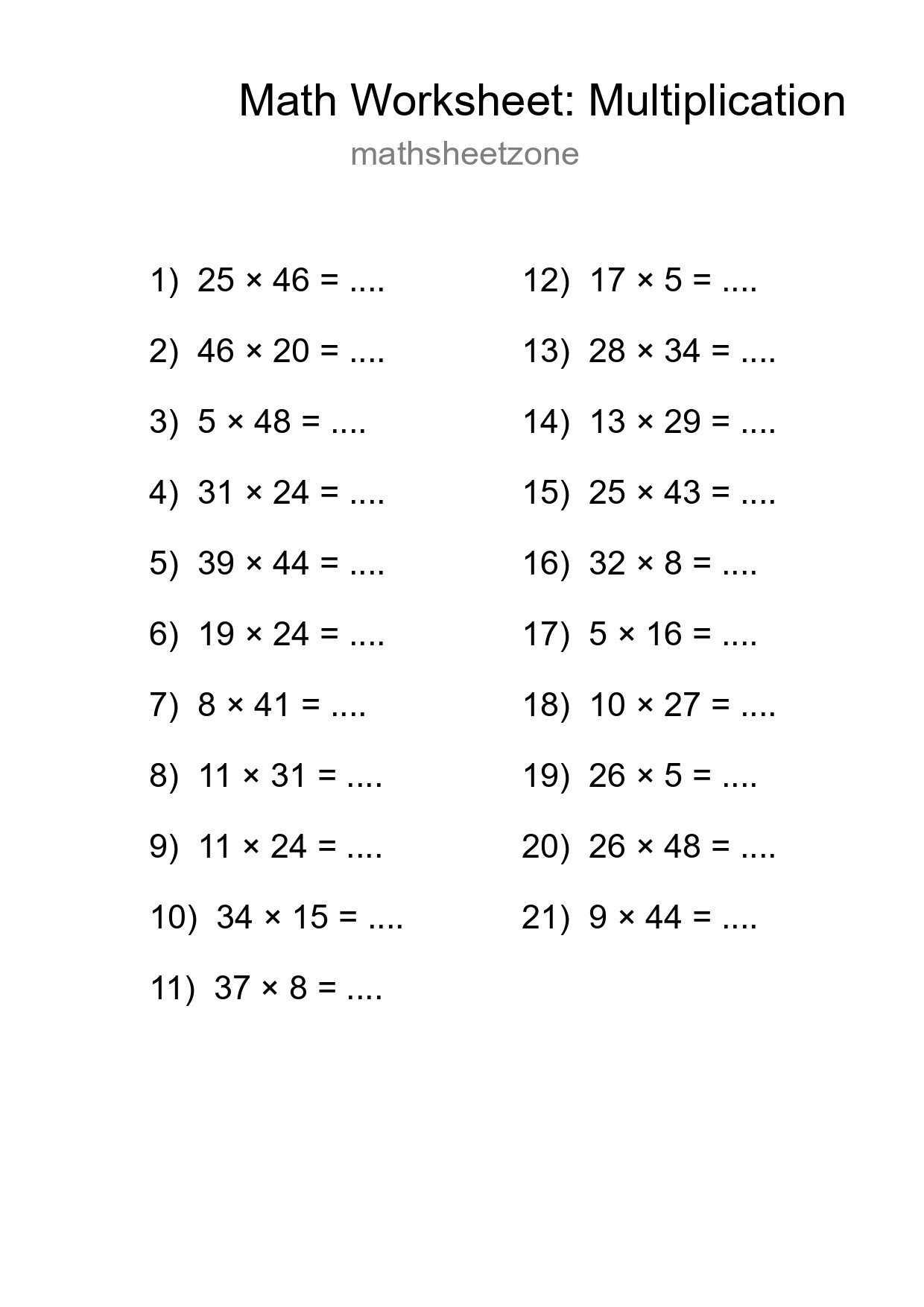 Grade 2 Multiplication Practice Worksheet (21 Problems) - Part 106