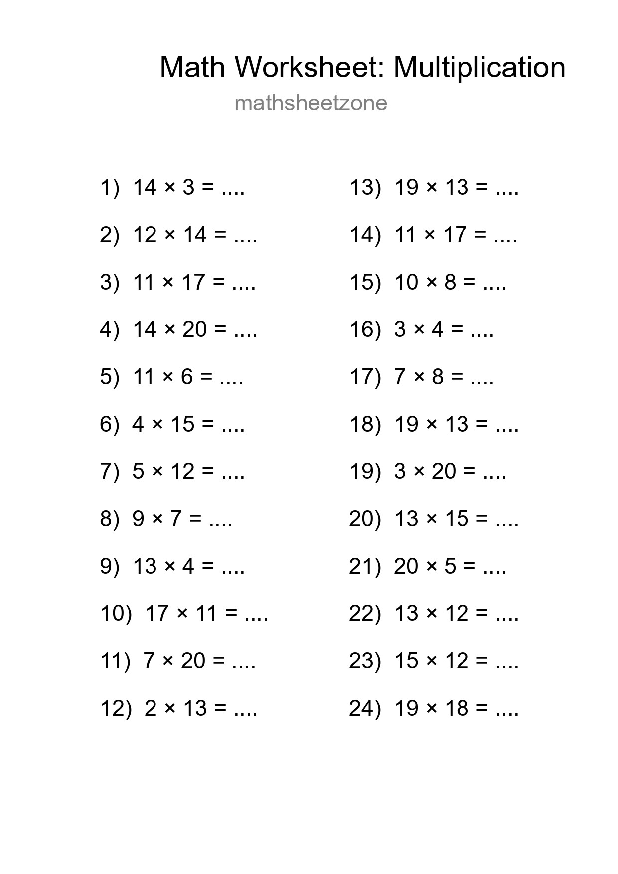 Grade 2 Multiplication Practice Worksheet (24 Problems) - Part 95