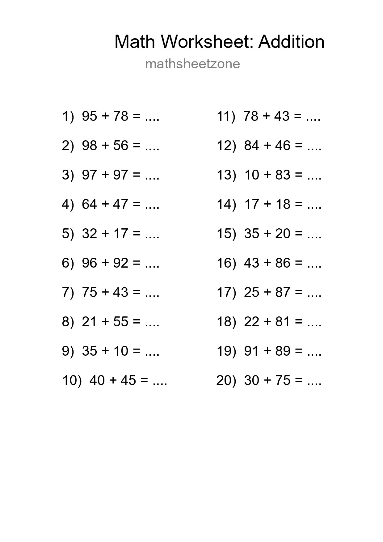 Grade 3 Addition Practice Worksheet (20 Problems) - Part 221