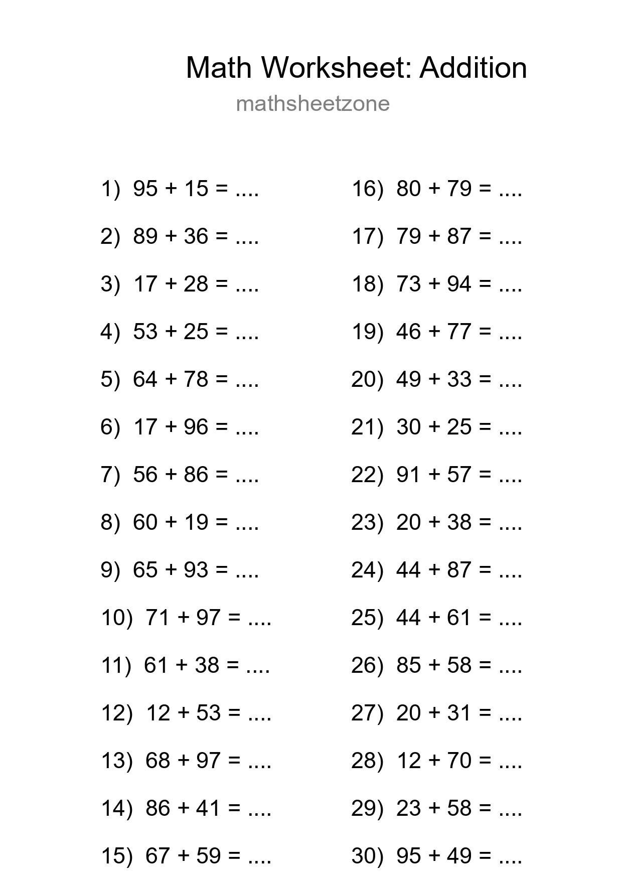 Grade 3 Addition Practice Worksheet (30 Problems) - Part 254