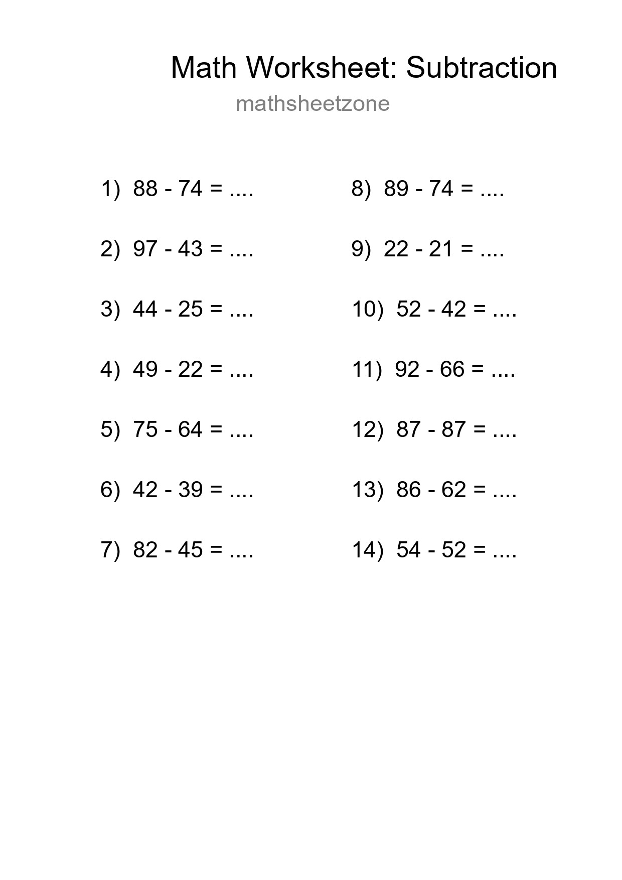 Grade 3 Subtraction Practice Worksheet (14 Problems) - Part 151