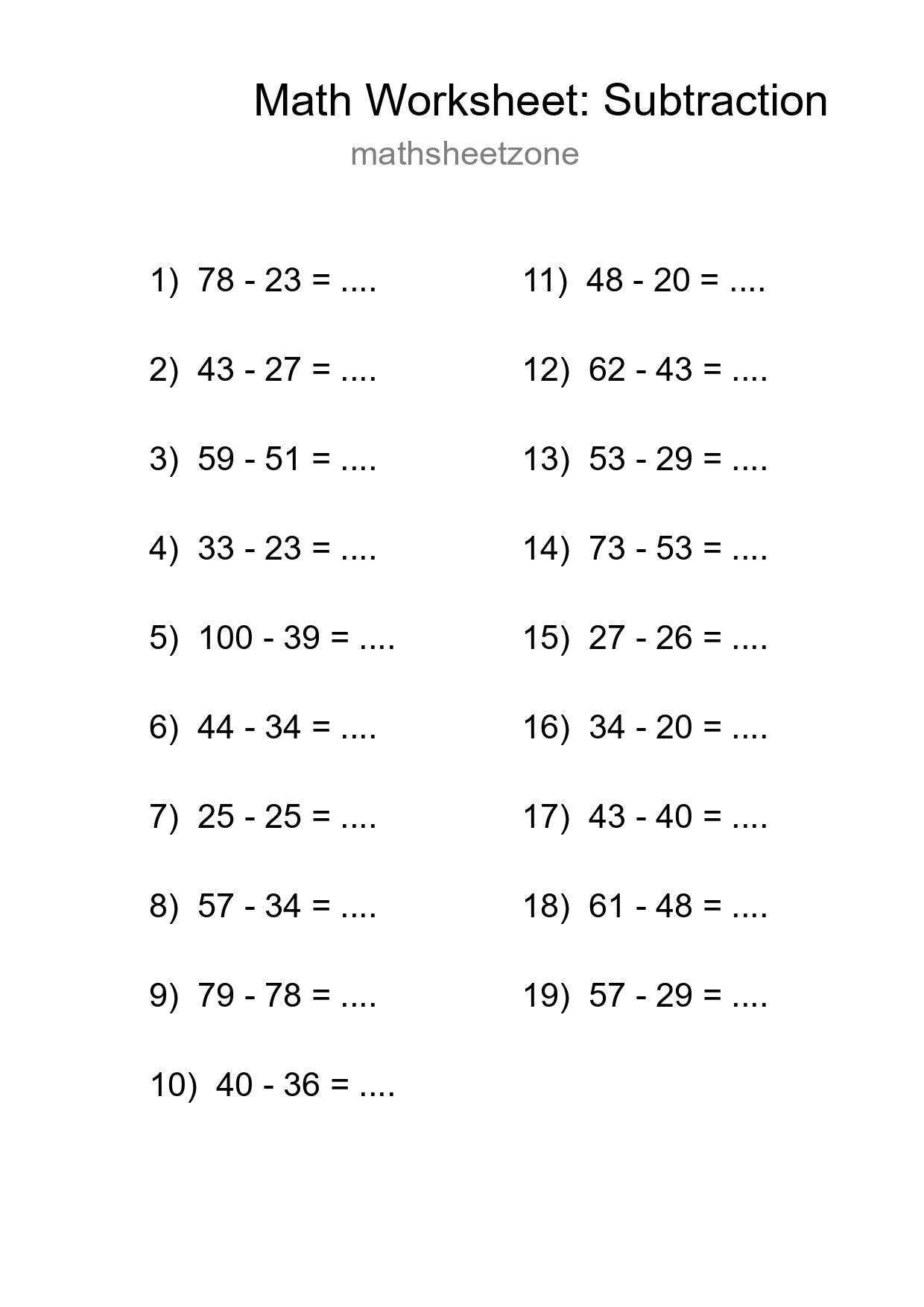 Grade 3 Subtraction Practice Worksheet (19 Problems) - Part 74
