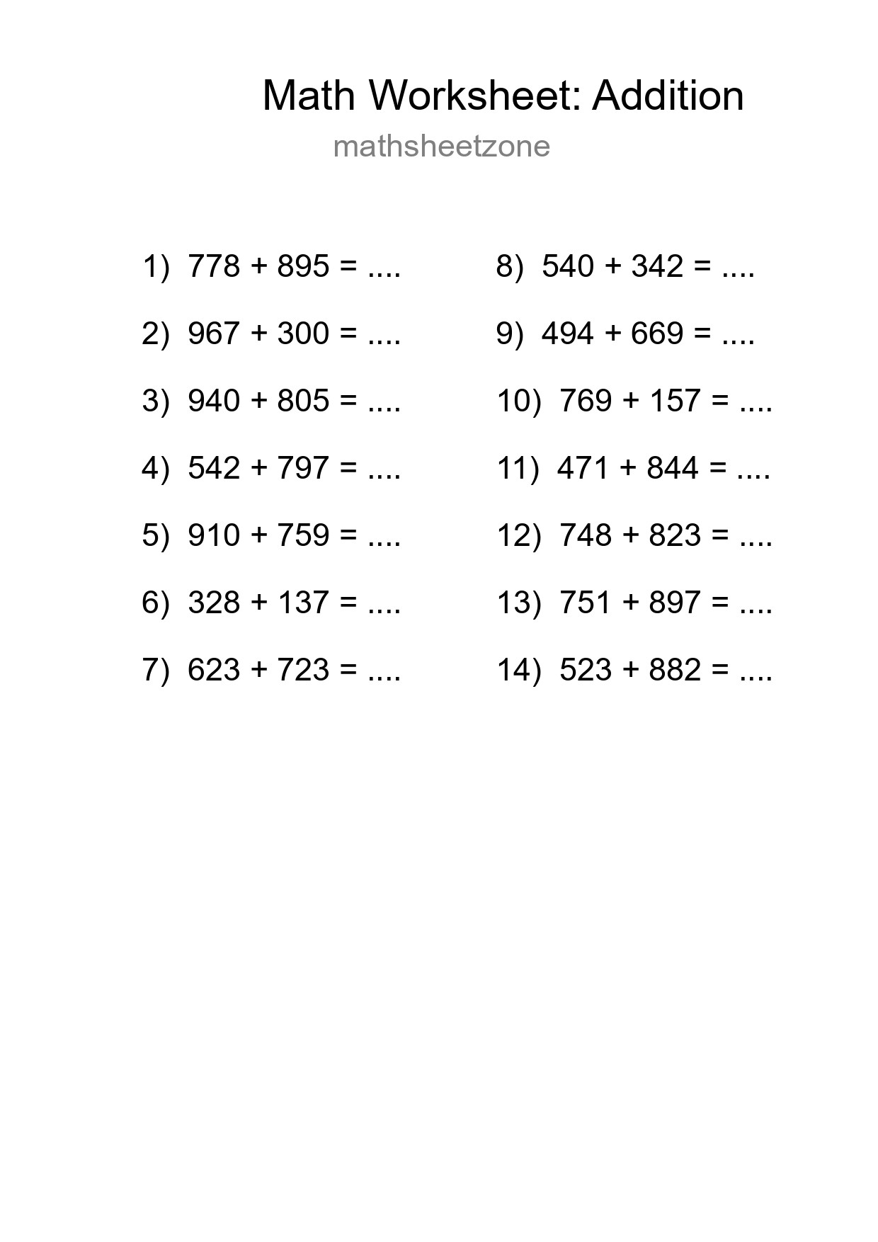 Grade 5 Addition Practice Worksheet (14 Problems) - Part 199