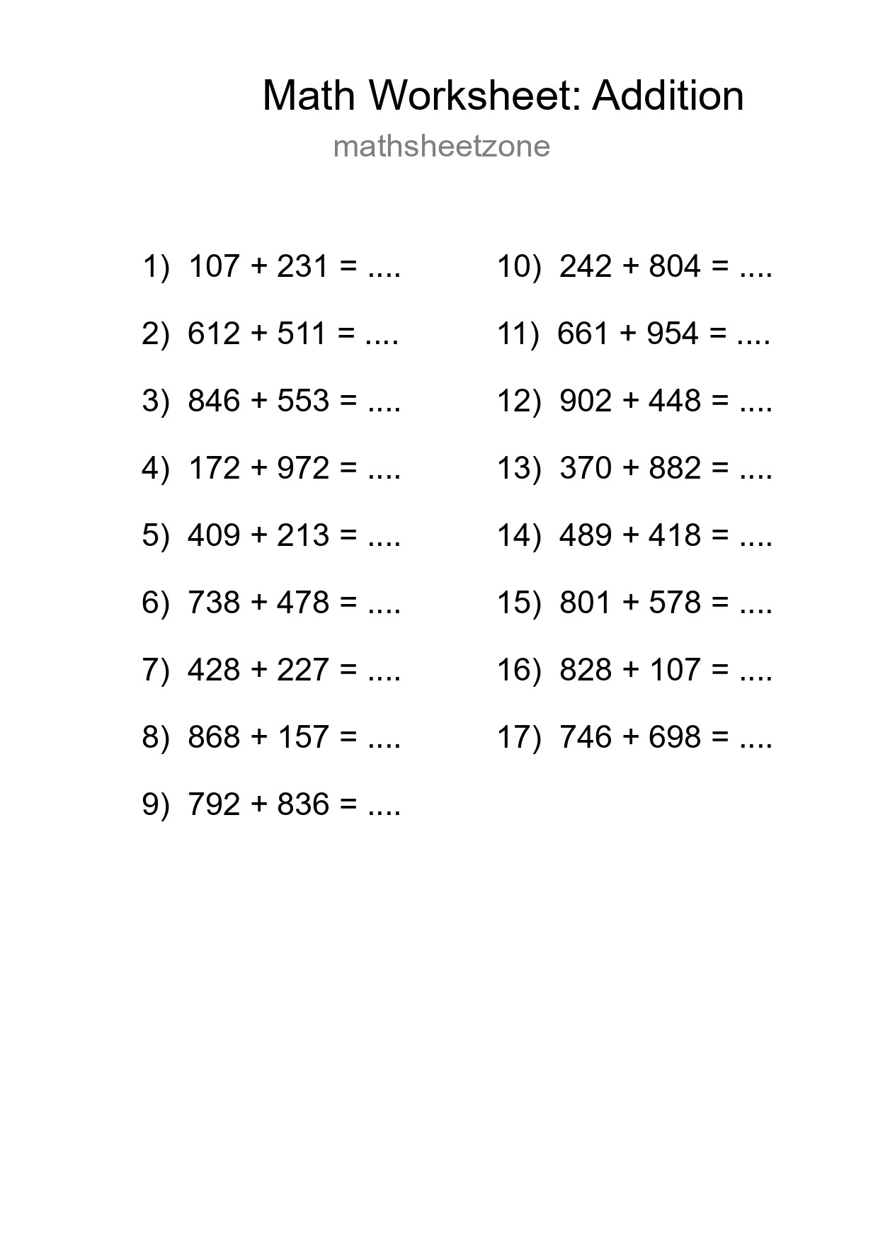 Grade 5 Addition Practice Worksheet (17 Problems) - Part 34