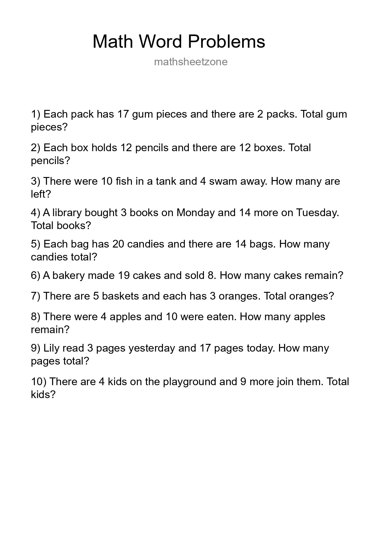 Math Word Problem Worksheet