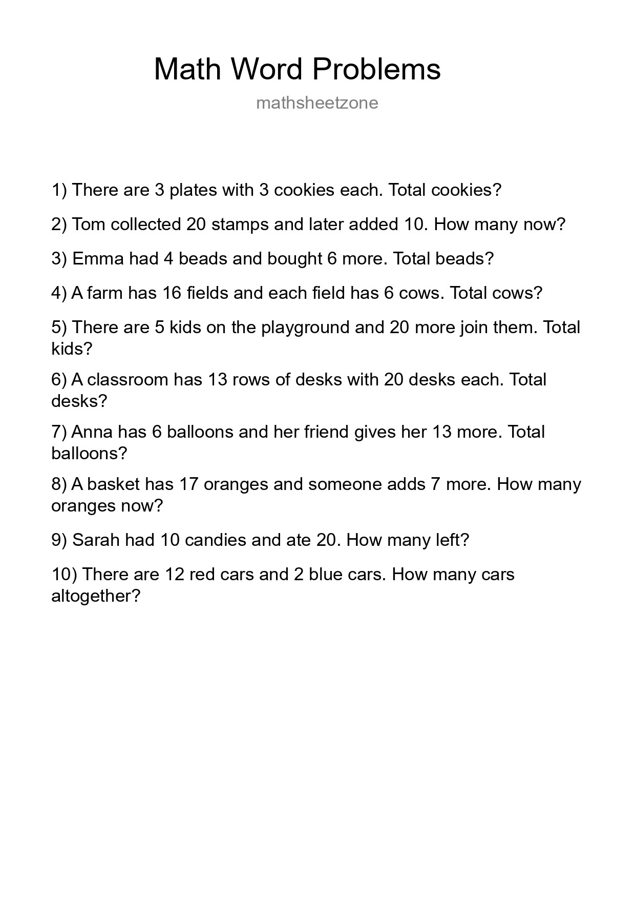 Math Word Problem Worksheet