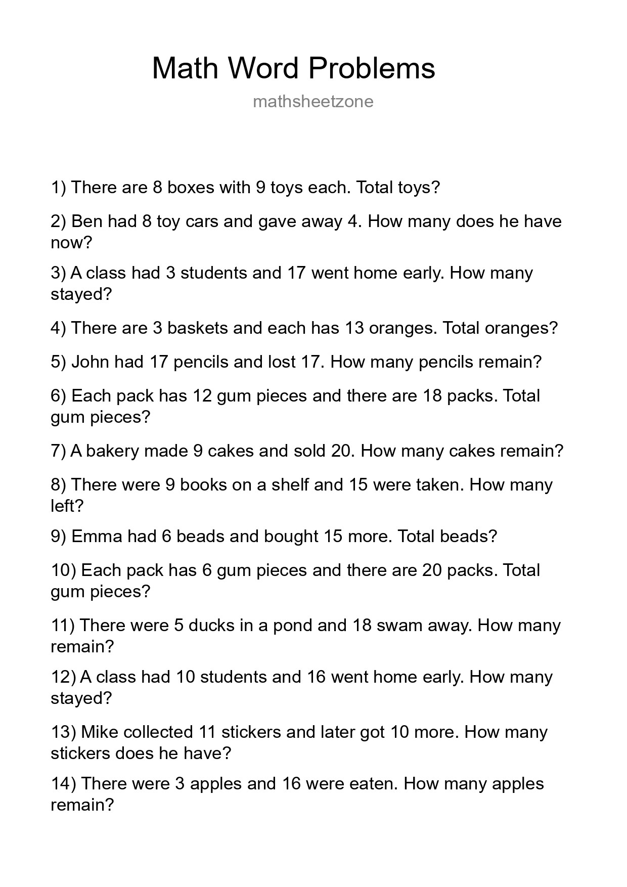 Math Word Problem Worksheet