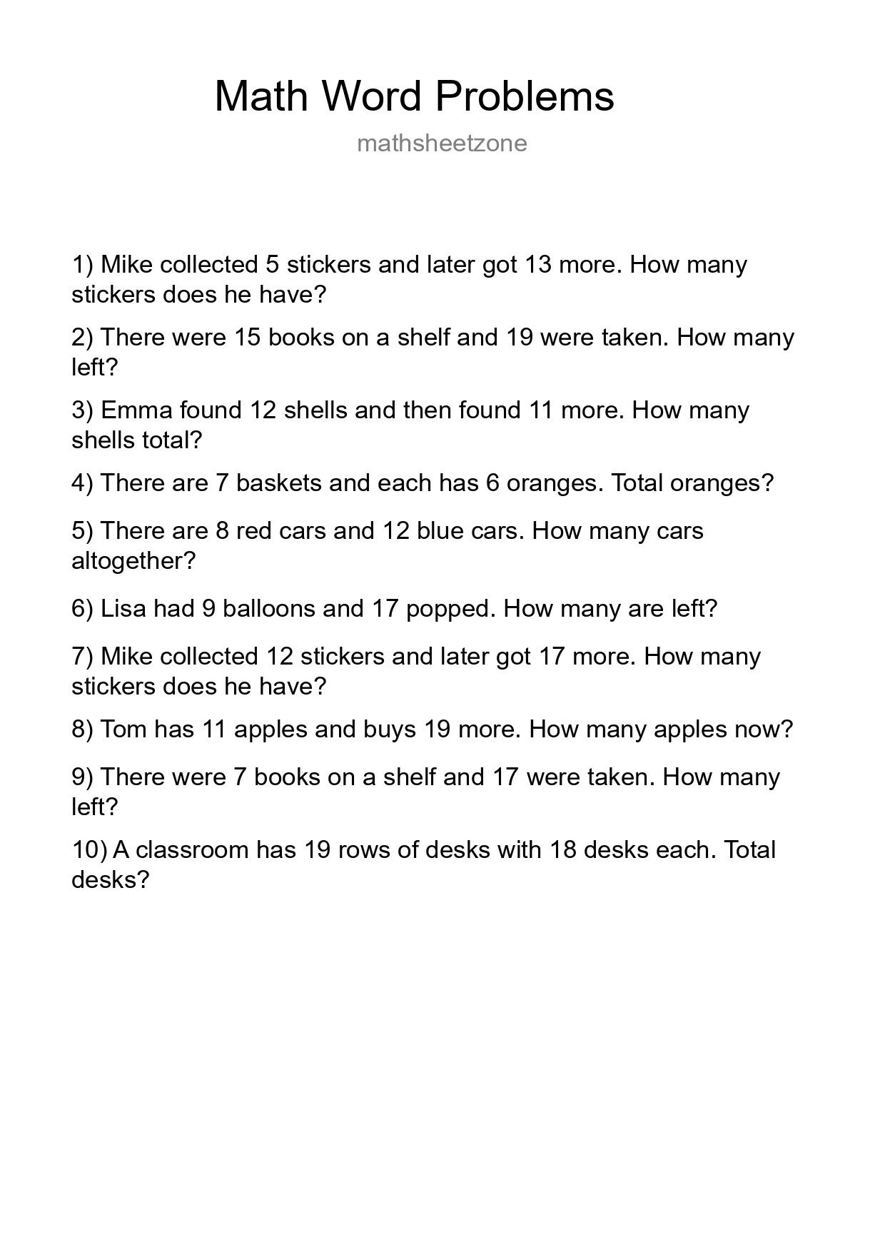 Math Word Problem Worksheet