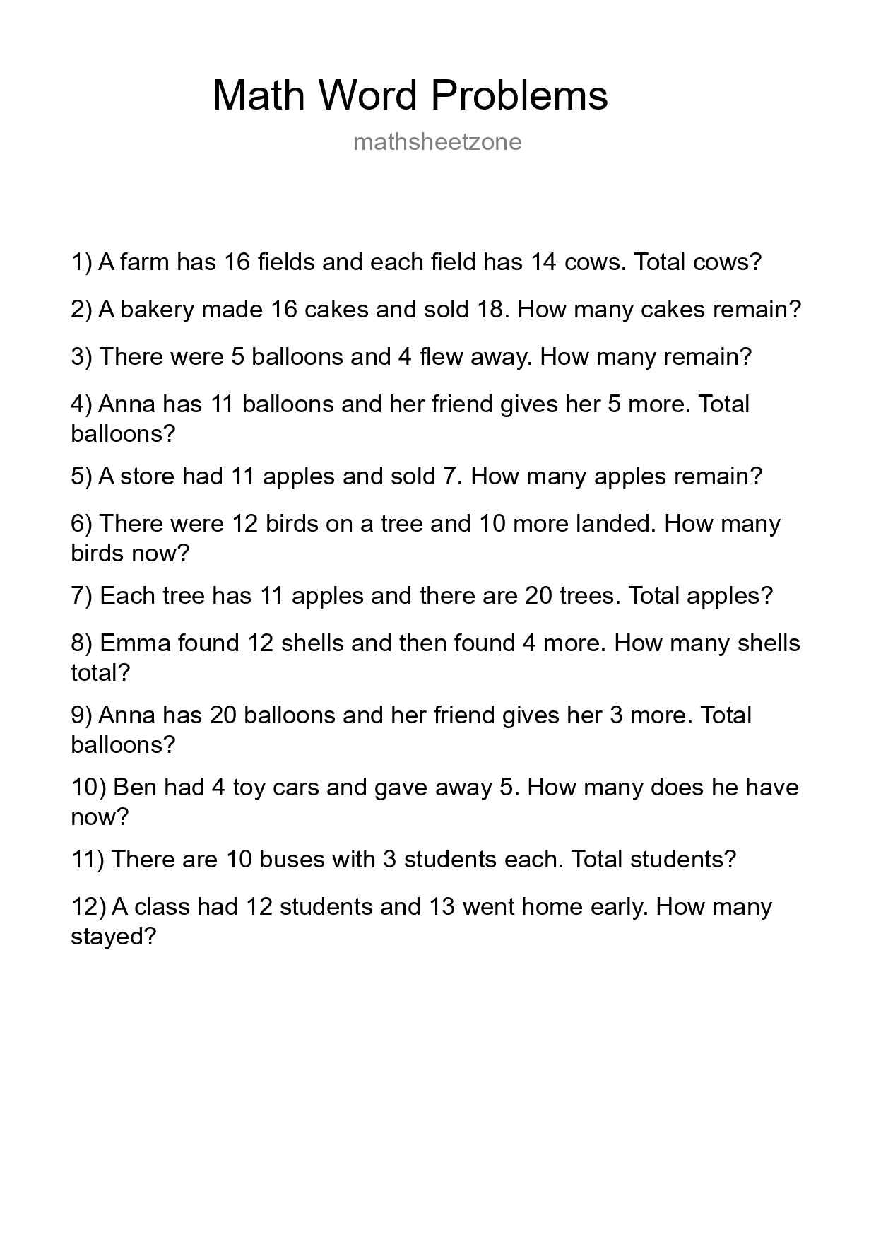 Math Word Problem Worksheet