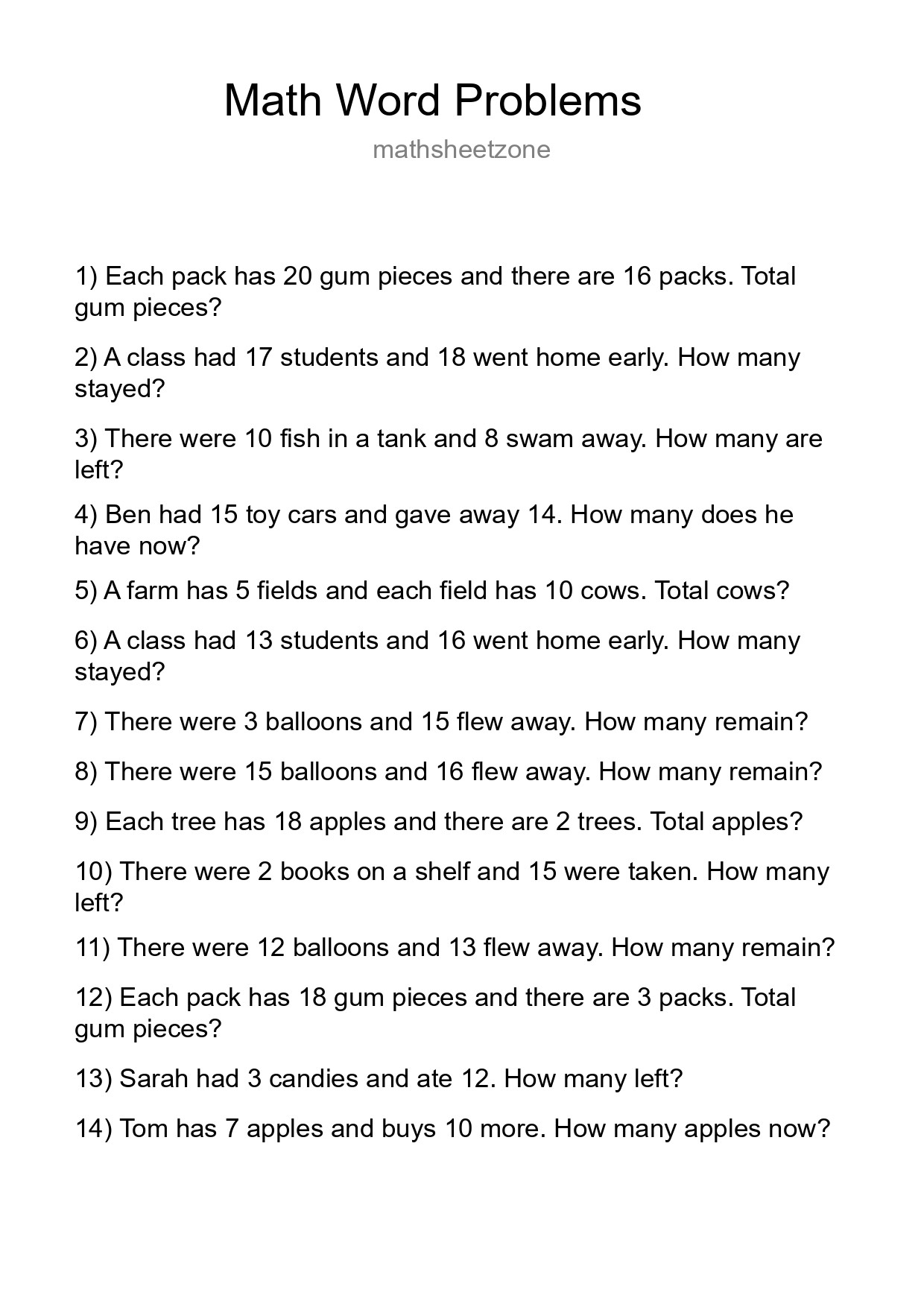 Math Word Problem Worksheet