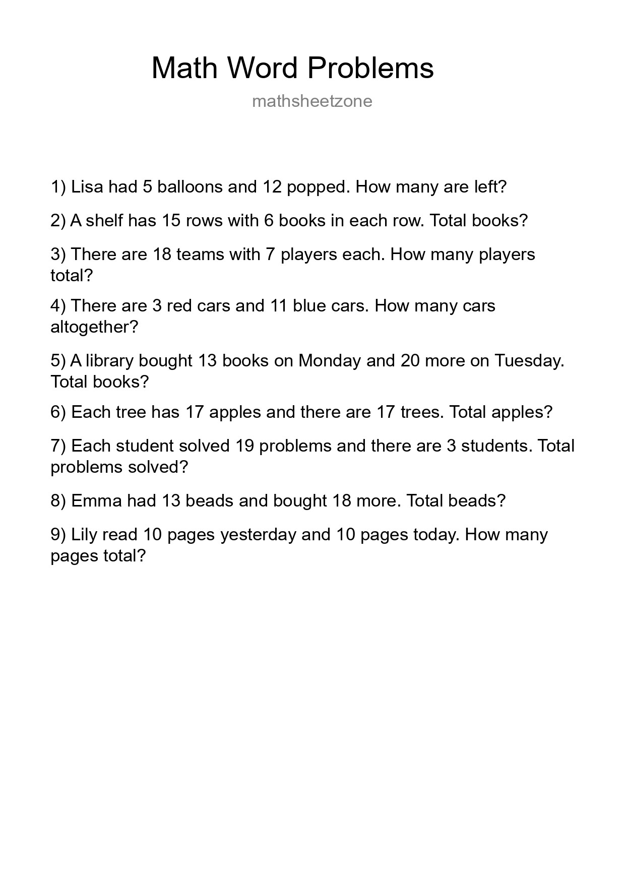 Math Word Problem Worksheet