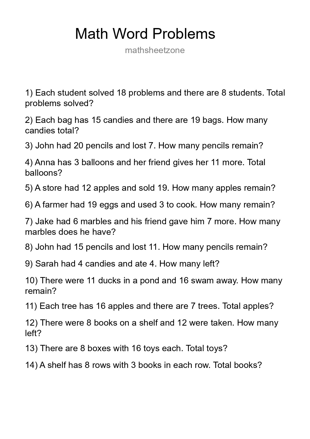 Math Word Problem Worksheet
