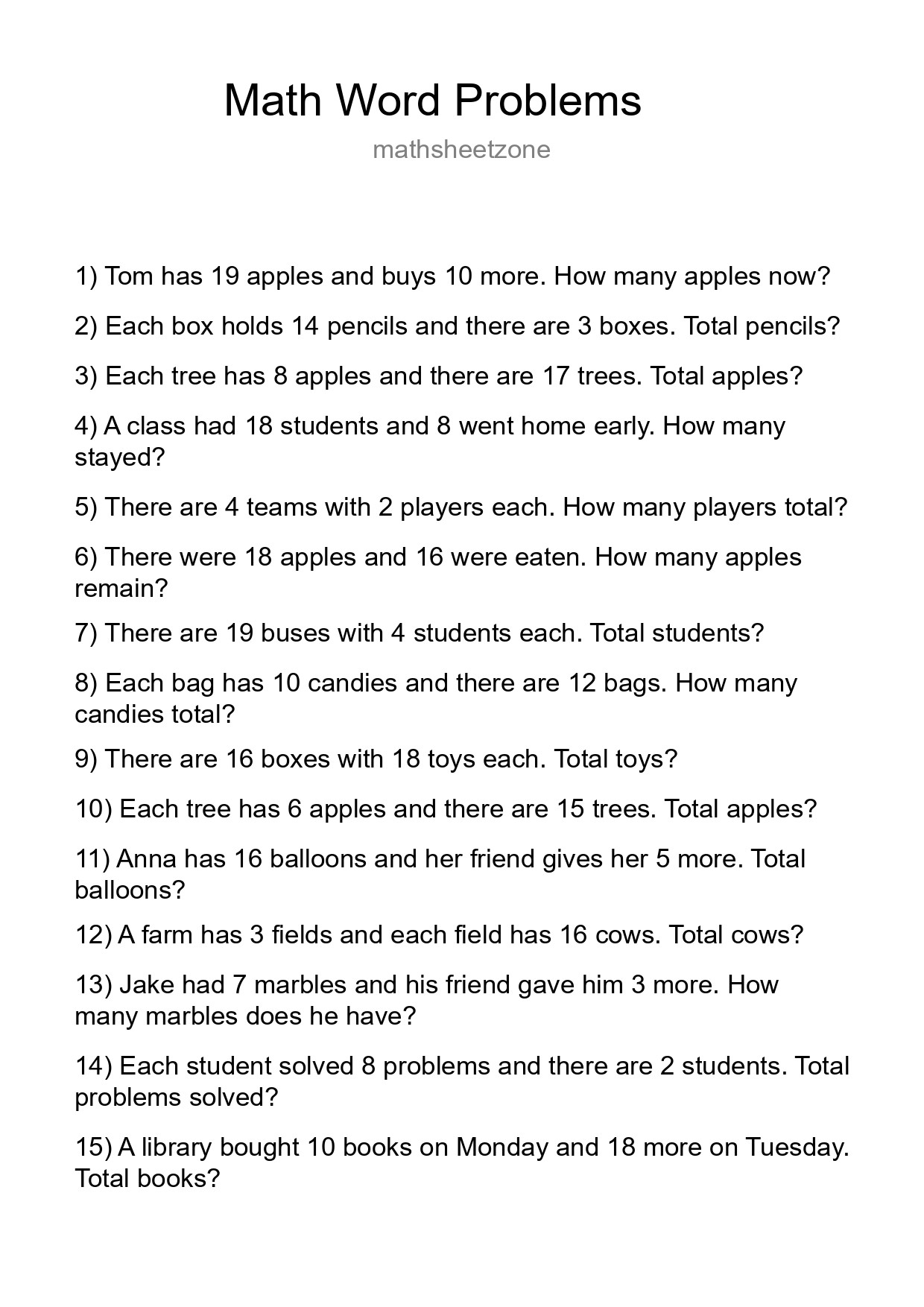 Math Word Problem Worksheet