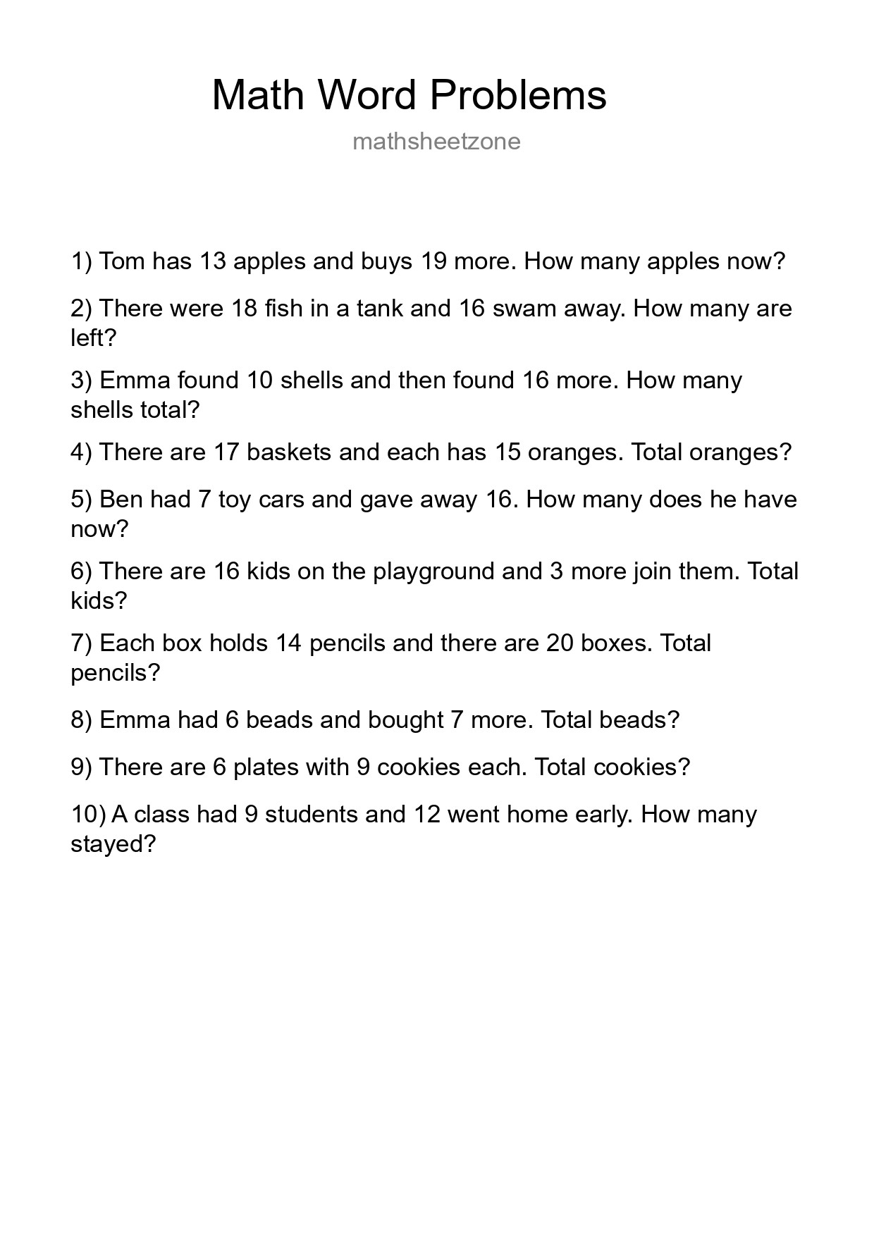 Math Word Problem Worksheet