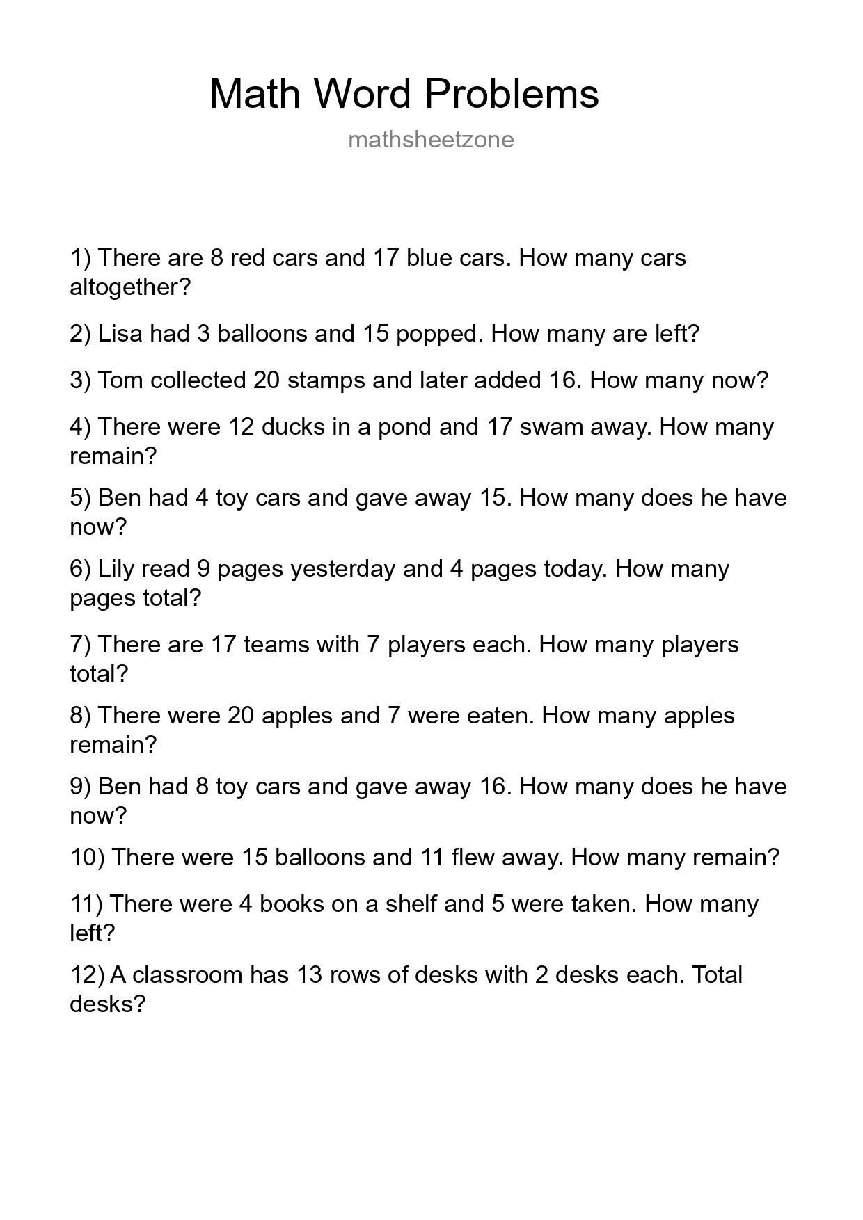 Math Word Problem Worksheet