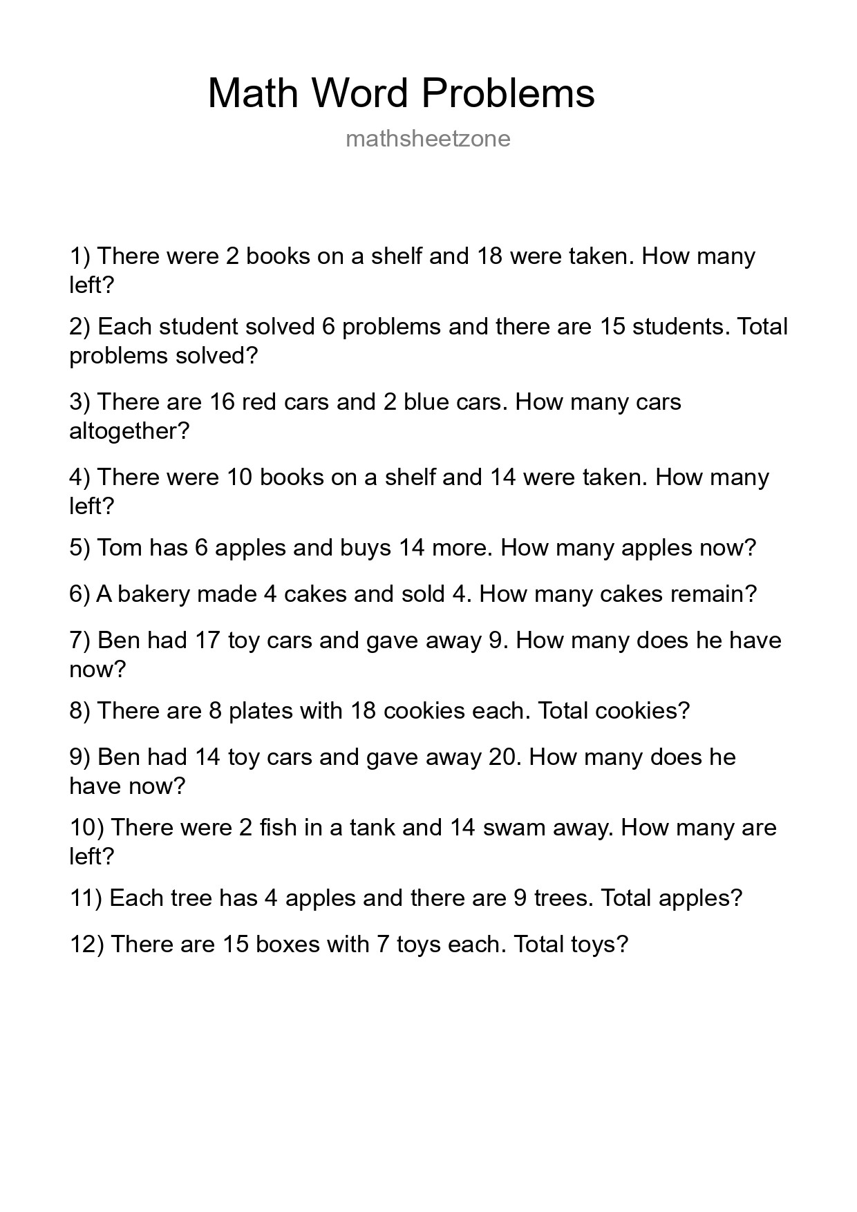 Math Word Problem Worksheet