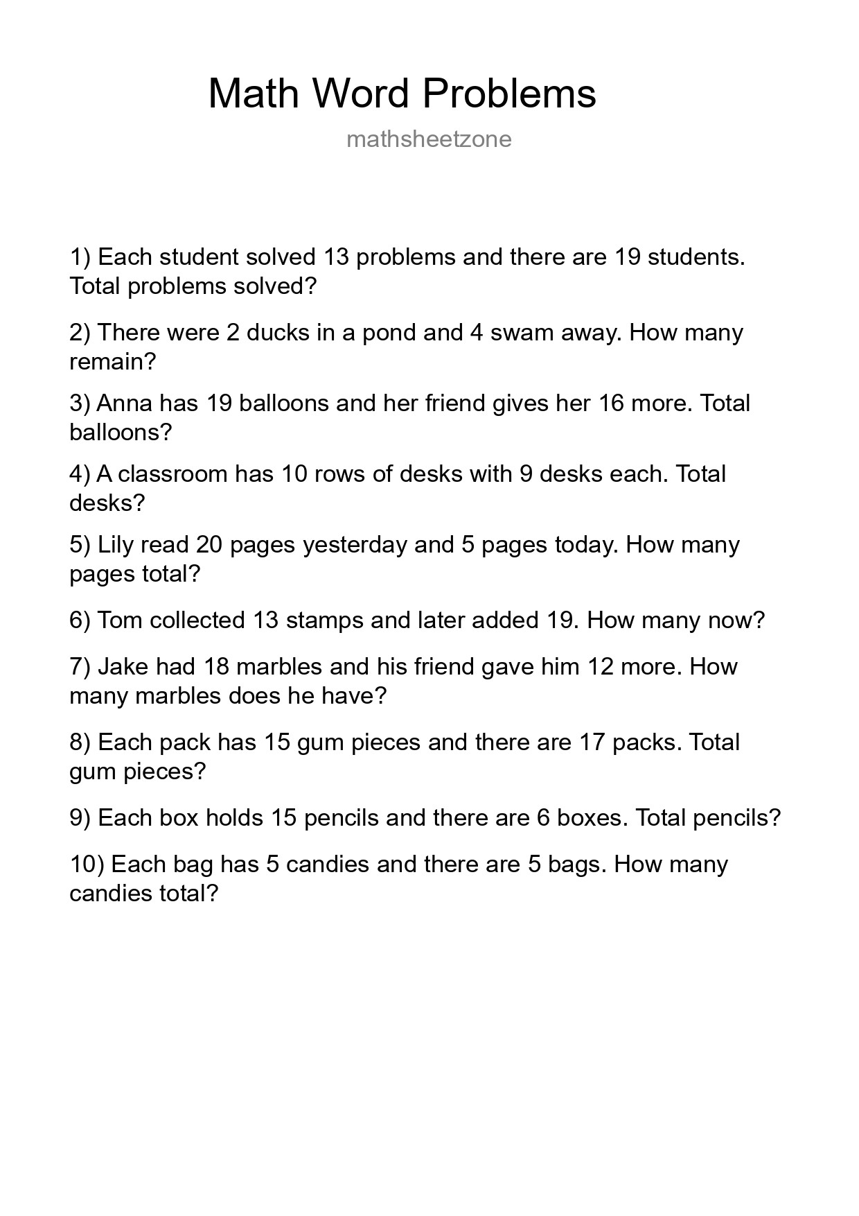 Math Word Problem Worksheet